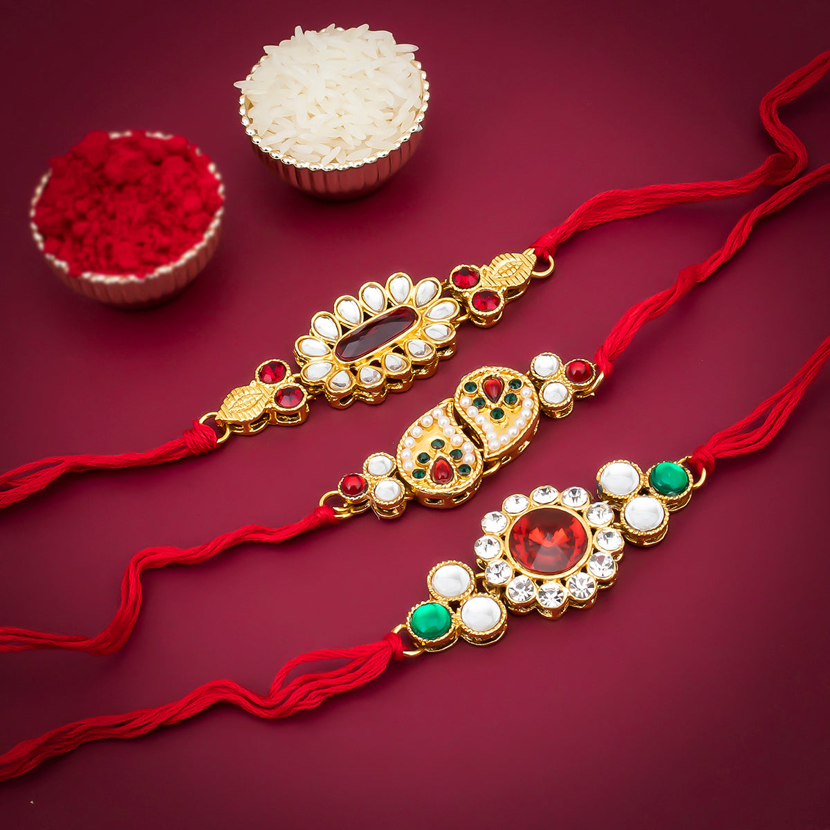 Sukkhi Glorious Gold Plated Kundan Rakhi Combo (Set of 3 Rakhi's) with Roli Chawal and Raksha Bandhan Greeting Card For Men