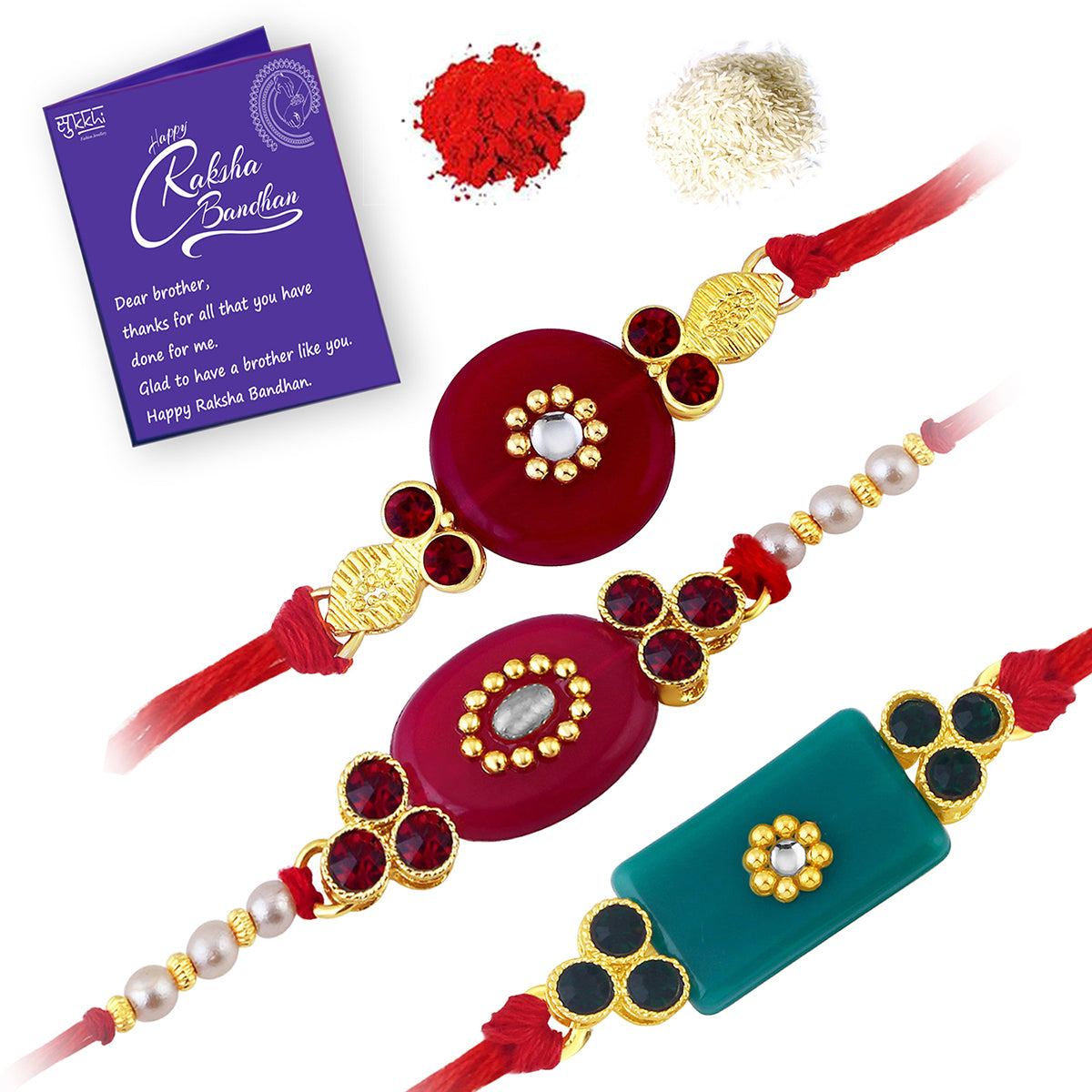 Sukkhi Elegant Gold Plated Solid Rakhi Combo Set (Set of 3 Rakhis) with Roli Chawal and Raksha Bandhan Greeting Card For Men