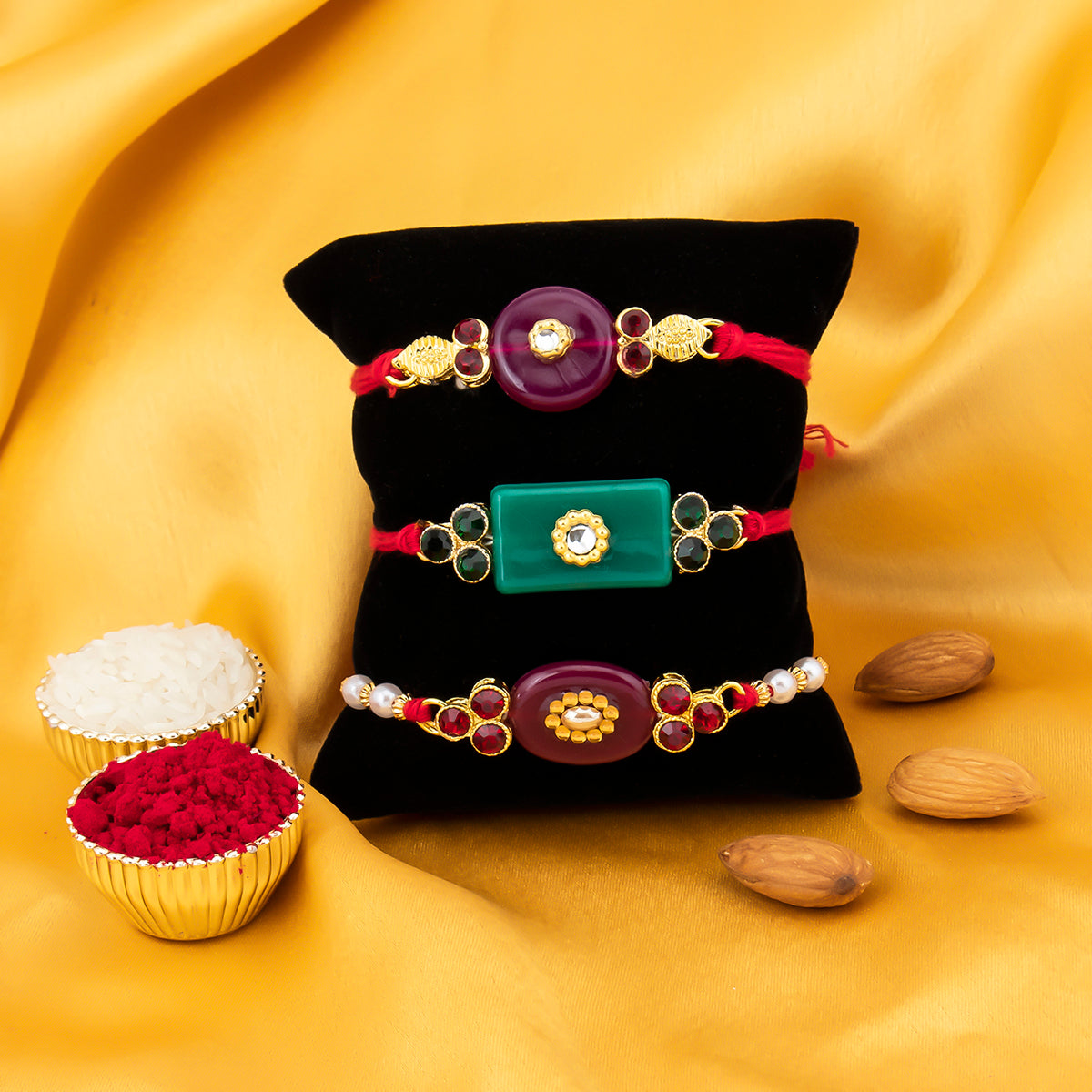Sukkhi Elegant Gold Plated Solid Rakhi Combo Set (Set of 3 Rakhis) with Roli Chawal and Raksha Bandhan Greeting Card For Men