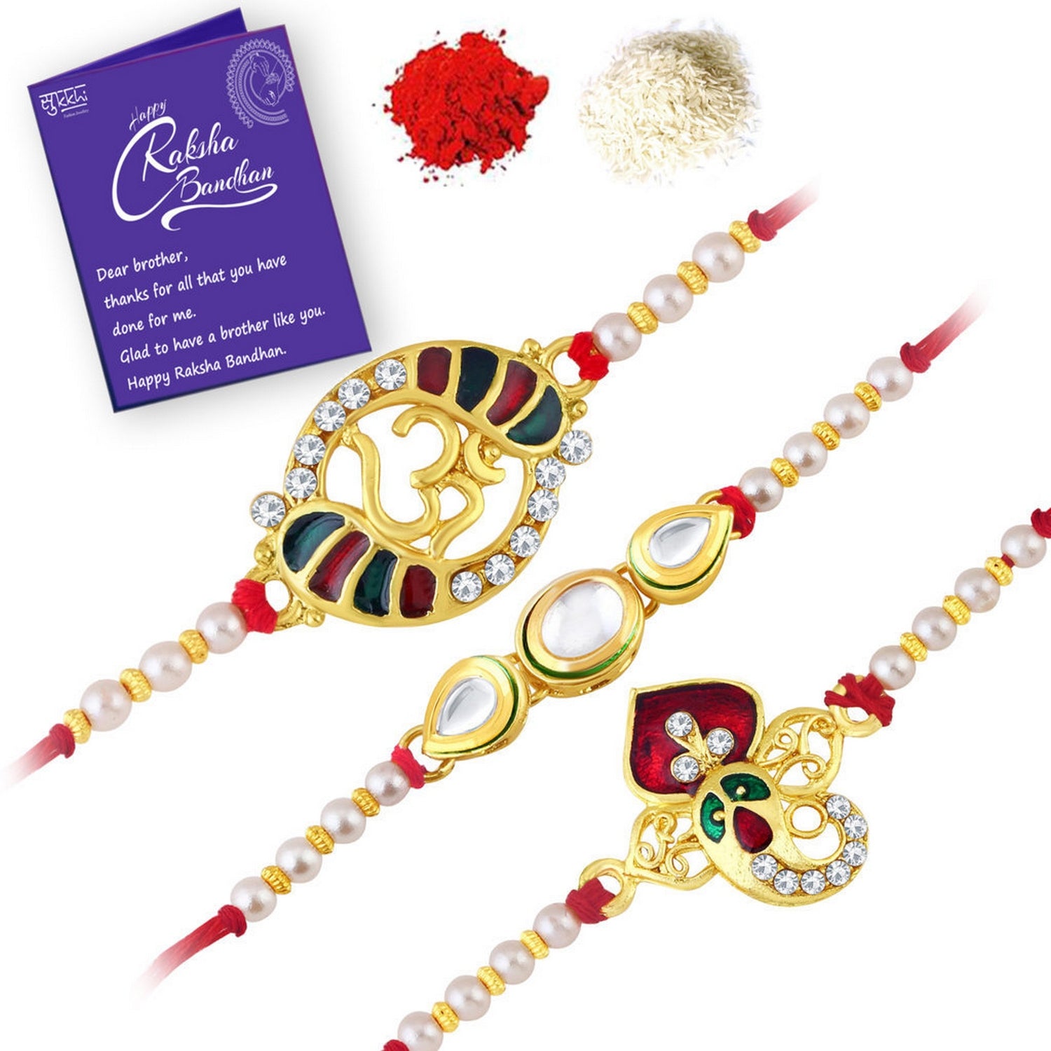 Sukkhi Alluring Gold Plated Rakhi Combo with Roli chawal and Greeting Card