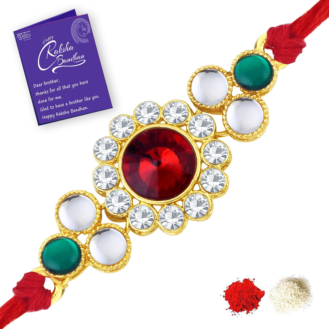 Sukkhi Stylish Rakhi Kundan Combo (Set of 2) with Roli Chawal and Raksha Bandhan Greeting Card For Men