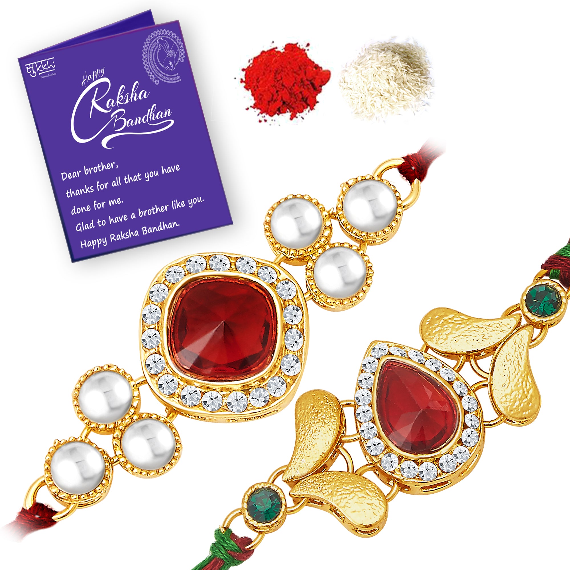 Sukkhi Incredible Rakhi Combo (Set of 2) with Roli Chawal and Raksha Bandhan Greeting Card For Men