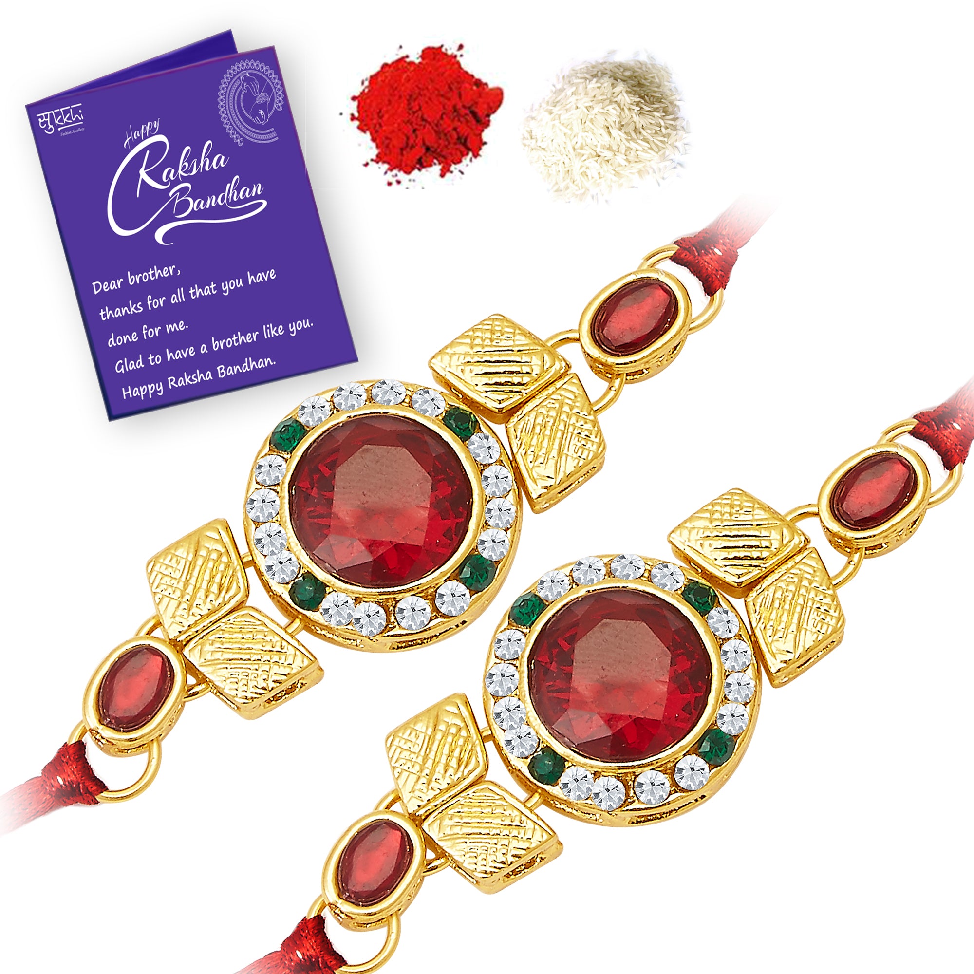 Sukkhi Lavish Rakhi Combo (Set of 2) with Roli Chawal and Raksha Bandhan Greeting Card For Men