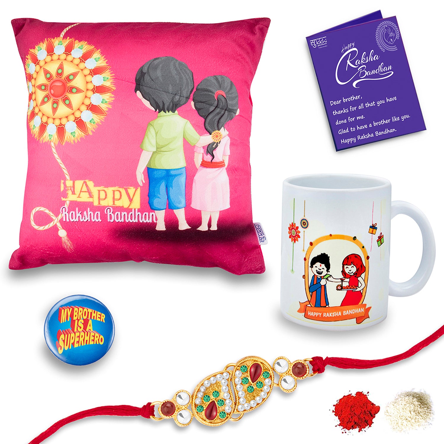 Sukkhi Raksha Bandhan Gifts Gold Plated Rakhi with Roli Chawal & Raksha Bandhan Greeting Card, Printed Cushion Cover Without Filler, Coffee Mug & My Brother is a Superhero Badge Combo for Brother