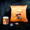 Sukkhi Raksha Bandhan Gifts Gold Plated Rakhi with Roli Chawal & Raksha Bandhan Greeting Card, Printed Cushion Cover Without Filler, Coffee Mug & My Brother is a Superhero Badge Combo for Brother