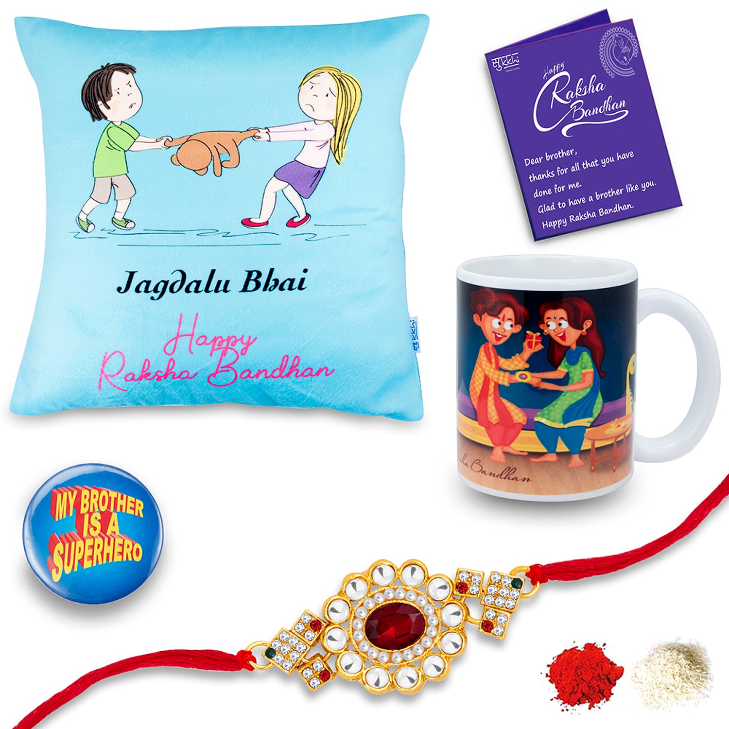 Sukkhi Raksha Bandhan Gifts Gold Plated Rakhi with Roli Chawal & Raksha Bandhan Greeting Card, Printed Cushion Cover Without Filler, Coffee Mug & My Brother is a Superhero Badge Combo for Brother