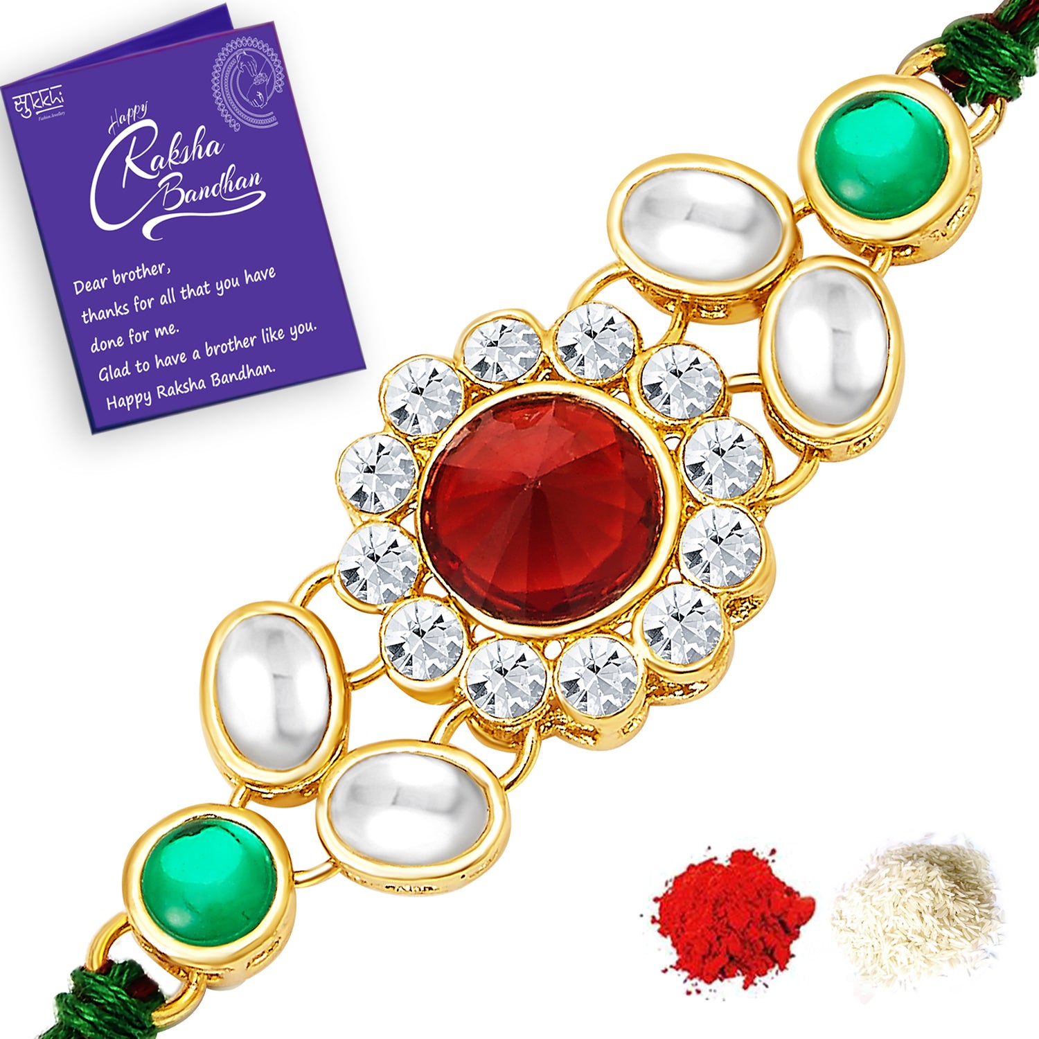 Sukkhi Raksha Bandhan Gifts Gold Plated Rakhi with Roli Chawal & Raksha Bandhan Greeting Card, Printed Cushion Cover Without Filler, Coffee Mug & My Brother is a Superhero Badge Combo for Brother