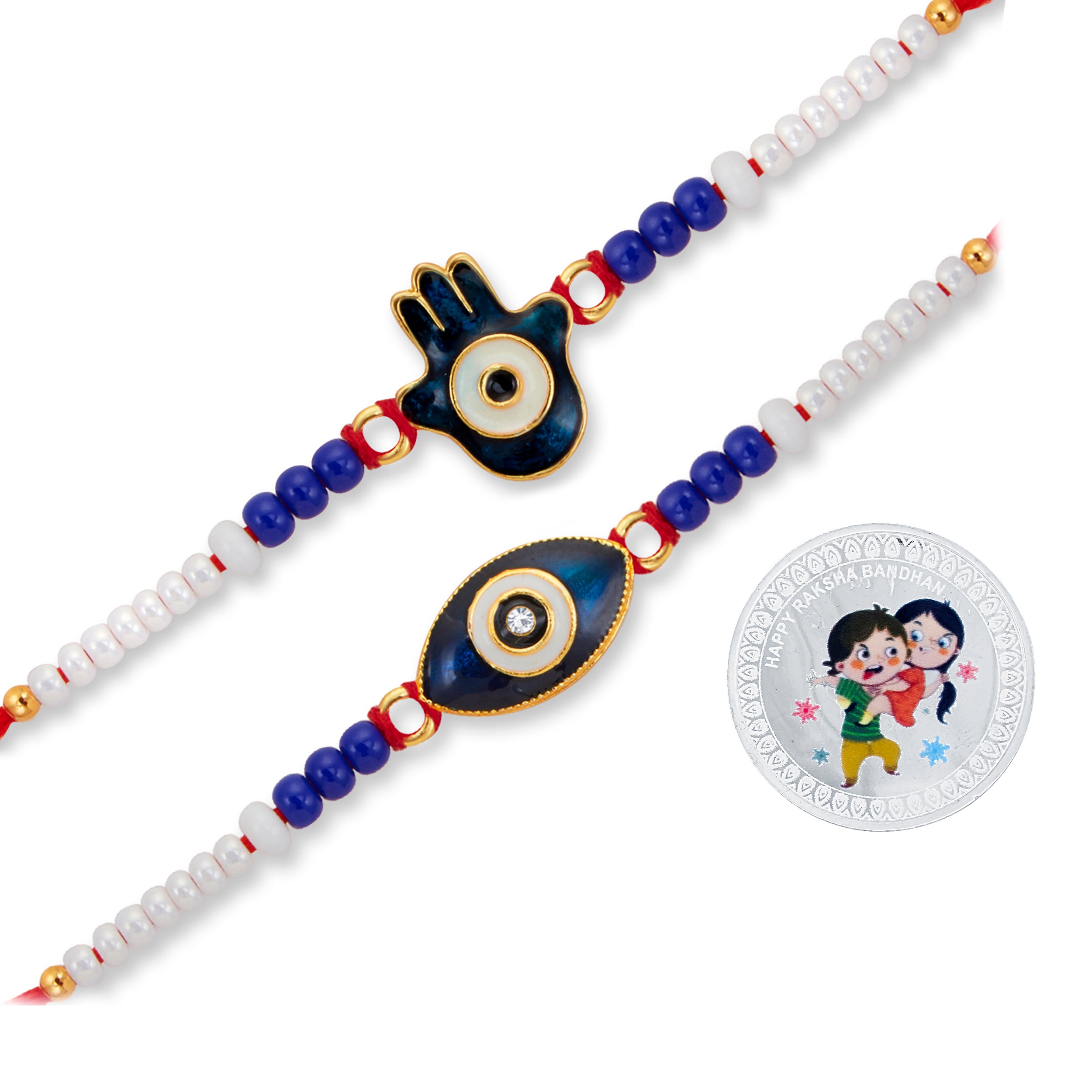 Sukkhi Classic Gold Plated Evil Eye Meenakari Rakhis Set of 2 & 2 Gram 999 Pure Silver Coin Combo with Roli Chawal and Rakhi Greeting Card