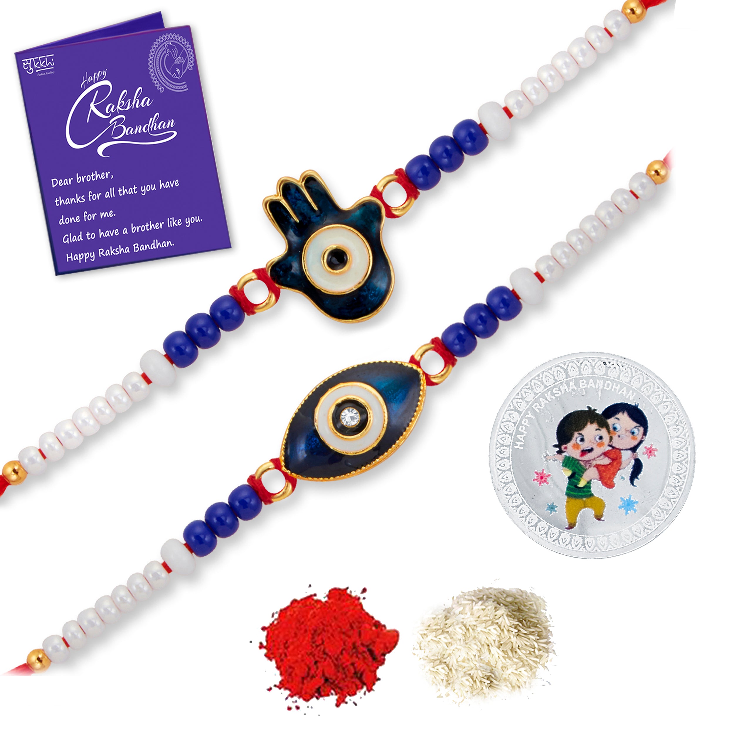 Sukkhi Classic Gold Plated Evil Eye Meenakari Rakhis Set of 2 & 2 Gram 999 Pure Silver Coin Combo with Roli Chawal and Rakhi Greeting Card