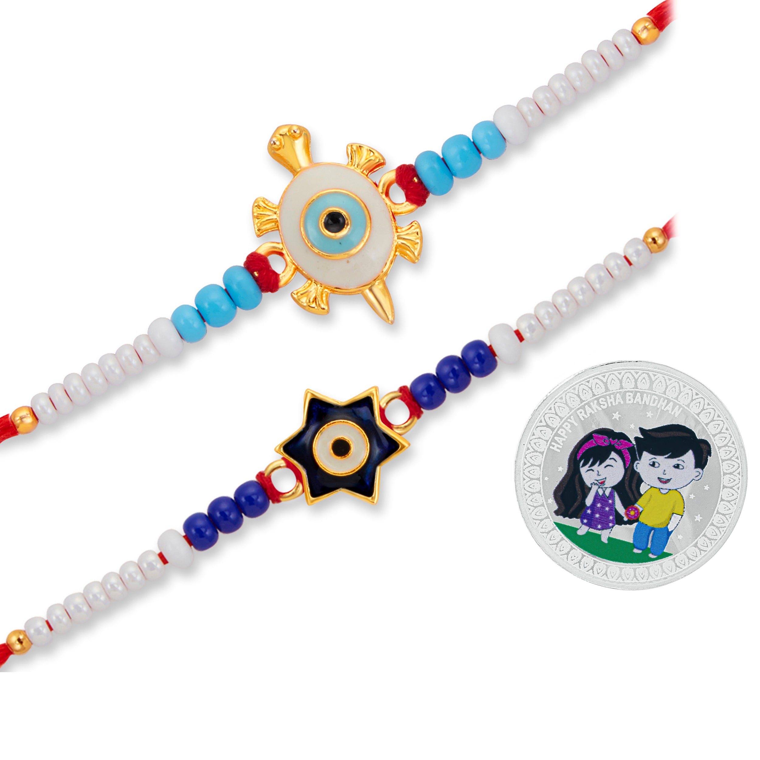 Sukkhi Exclusive Gold Plated Evil Eye Meenakari Rakhis Set of 2 & 2 Gram 999 Pure Silver Coin Combo with Roli Chawal and Rakhi Greeting Card