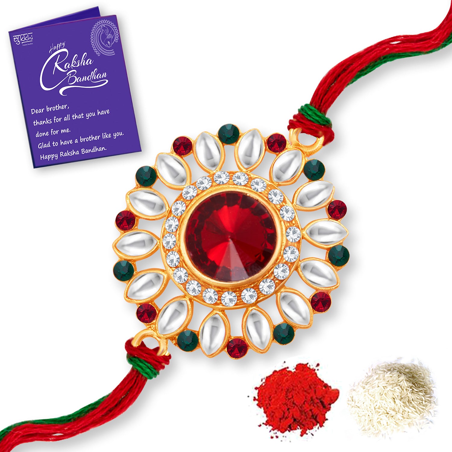 Sukkhi Dazzling Gold Plated Rakhi Combo (Set of 2) with Roli Chawal and Raksha Bandhan Greeting Card For Men