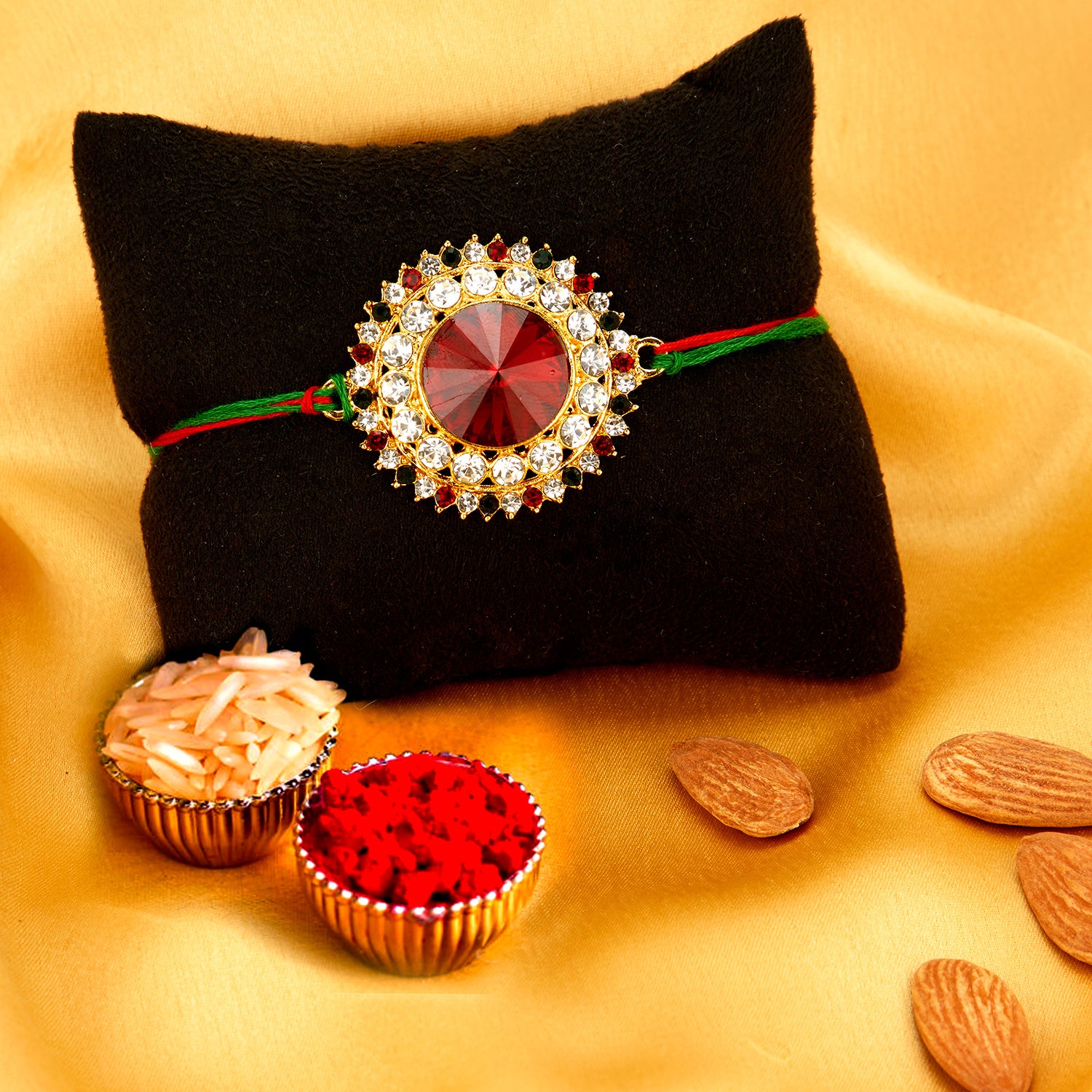 Sukkhi Splendid Gold Plated Rakhi Combo (Set of 2) with Roli Chawal and Raksha Bandhan Greeting Card For Men