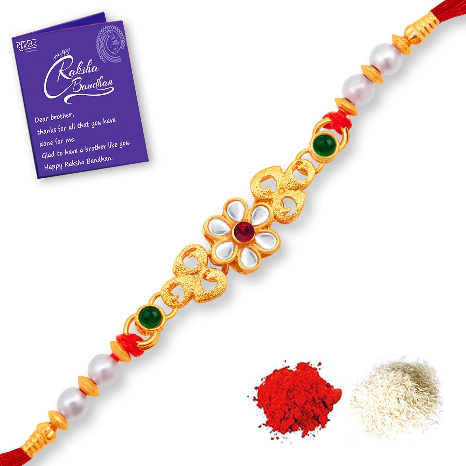 Sukkhi Delicate Gold Plated Floral Rakhi Combo (Set of 2) with Roli Chawal and Raksha Bandhan Greeting Card For Men