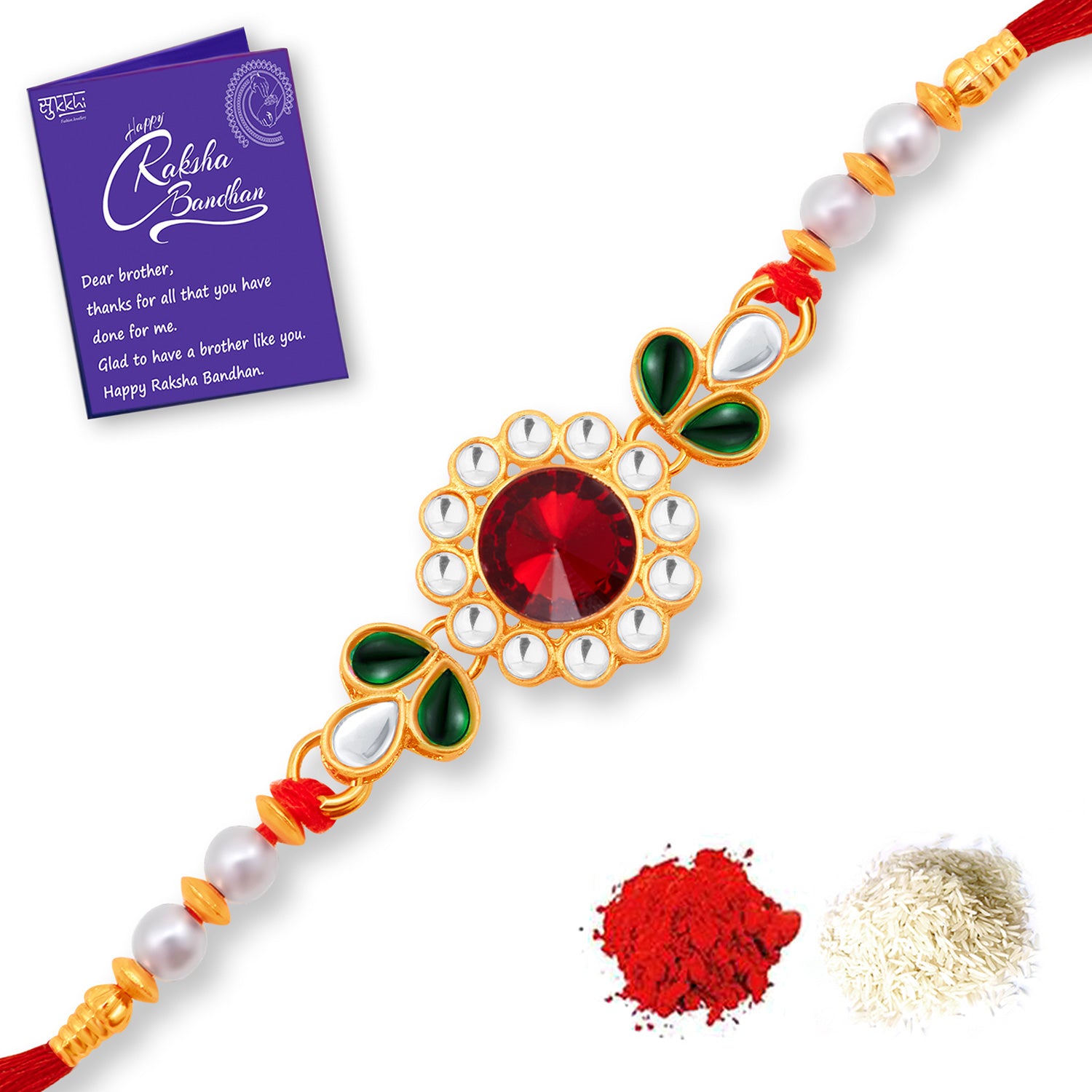 Sukkhi Traditional Gold Plated Rakhi Combo (Set of 3) with Roli Chawal and Raksha Bandhan Greeting Card For Men