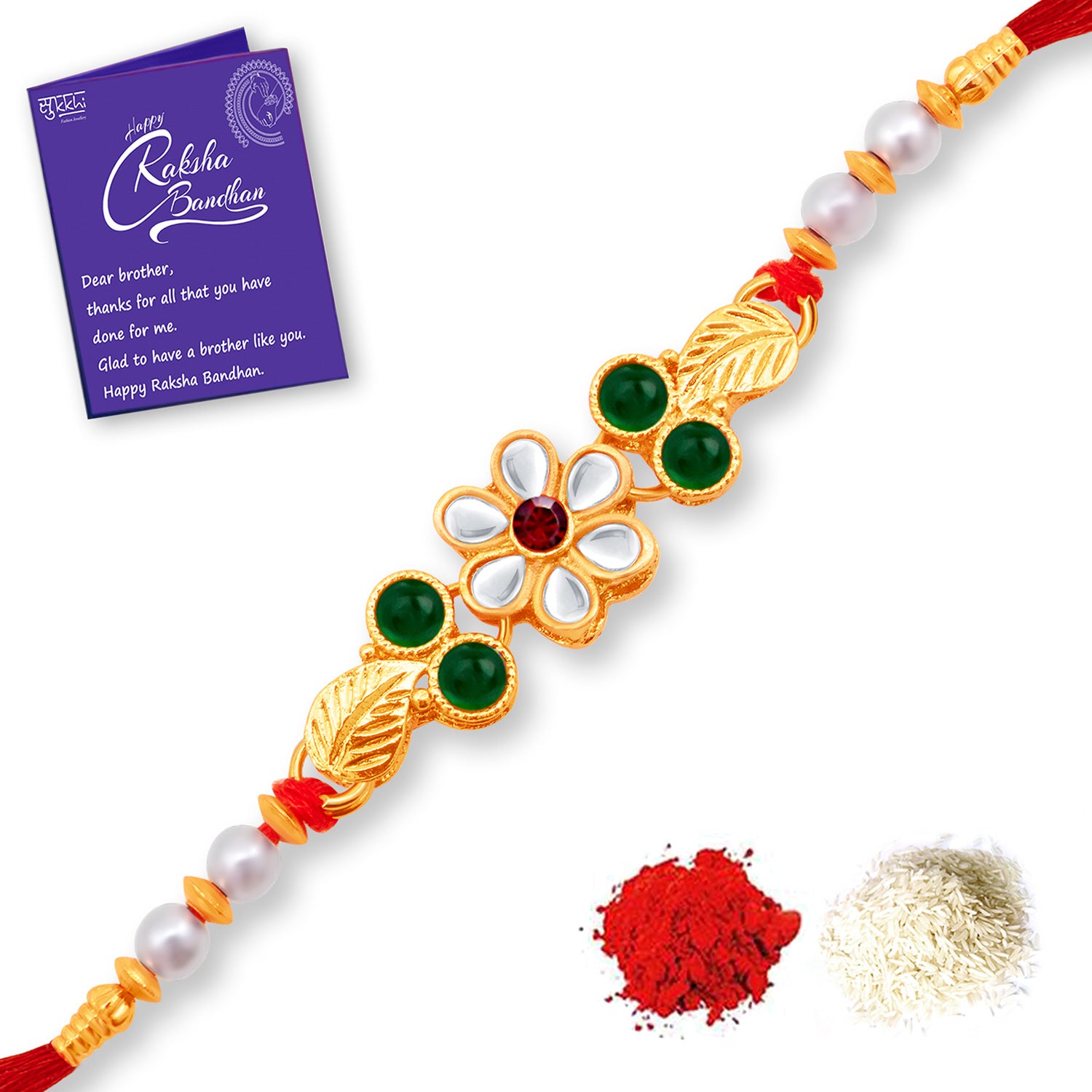 Sukkhi Traditional Gold Plated Rakhi Combo (Set of 3) with Roli Chawal and Raksha Bandhan Greeting Card For Men