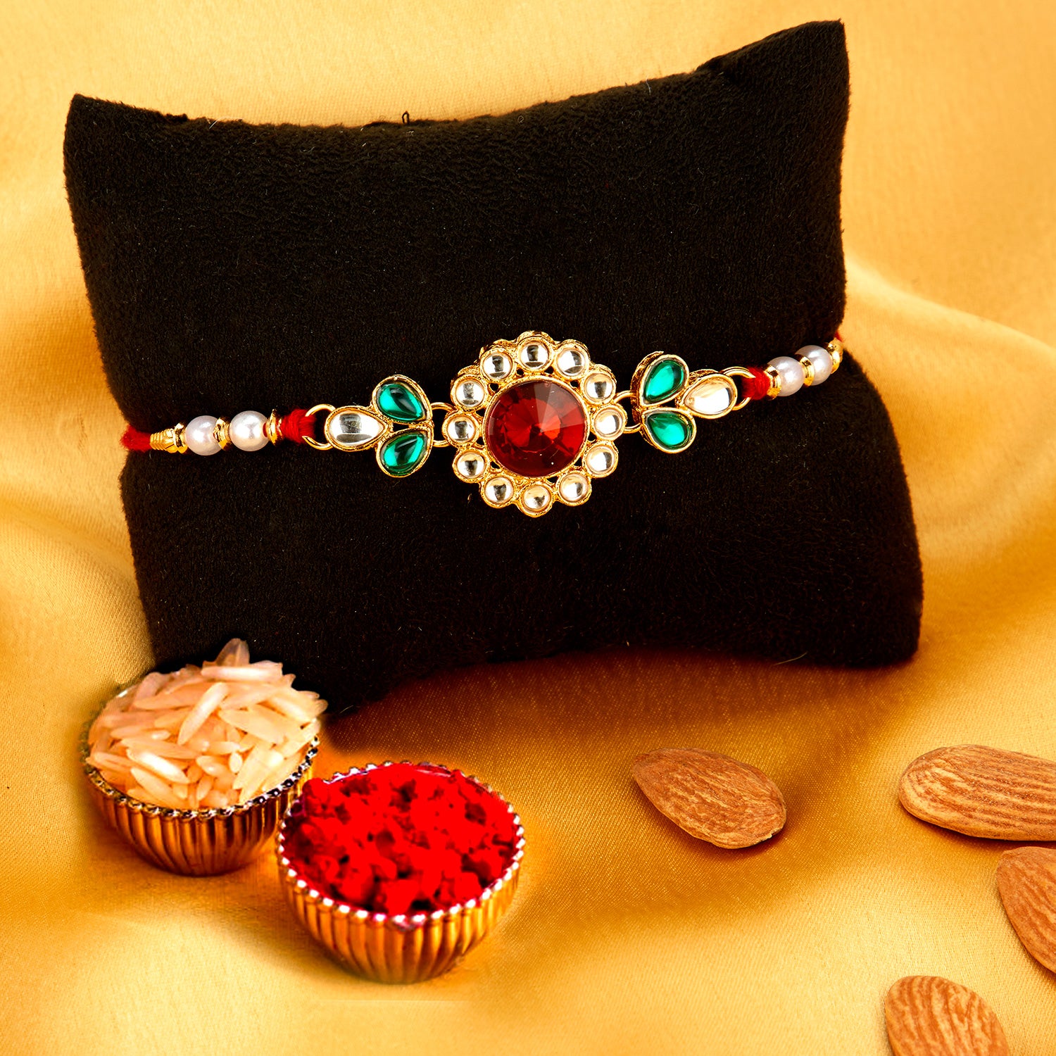 Sukkhi Traditional Gold Plated Rakhi Combo (Set of 3) with Roli Chawal and Raksha Bandhan Greeting Card For Men