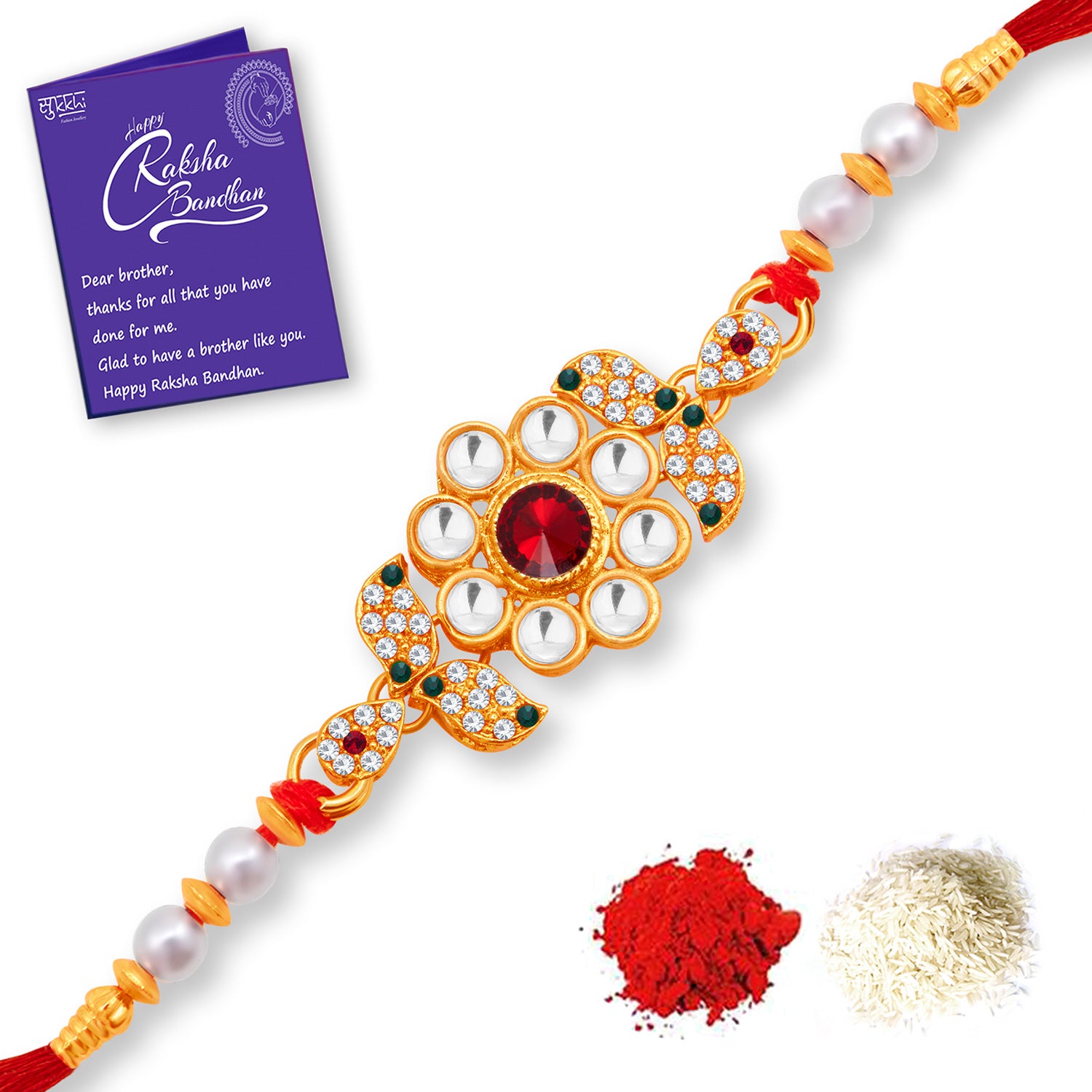 Sukkhi Glorious Gold Plated Floral Rakhi Combo (Set of 2) with Roli Chawal and Raksha Bandhan Greeting Card For Men