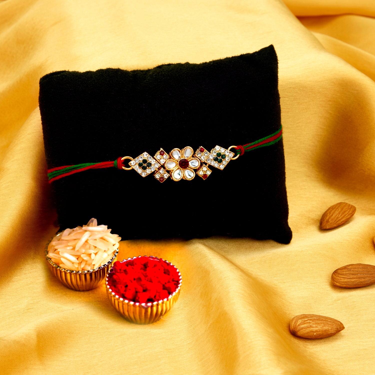 Sukkhi Glorious Gold Plated Floral Rakhi Combo (Set of 2) with Roli Chawal and Raksha Bandhan Greeting Card For Men
