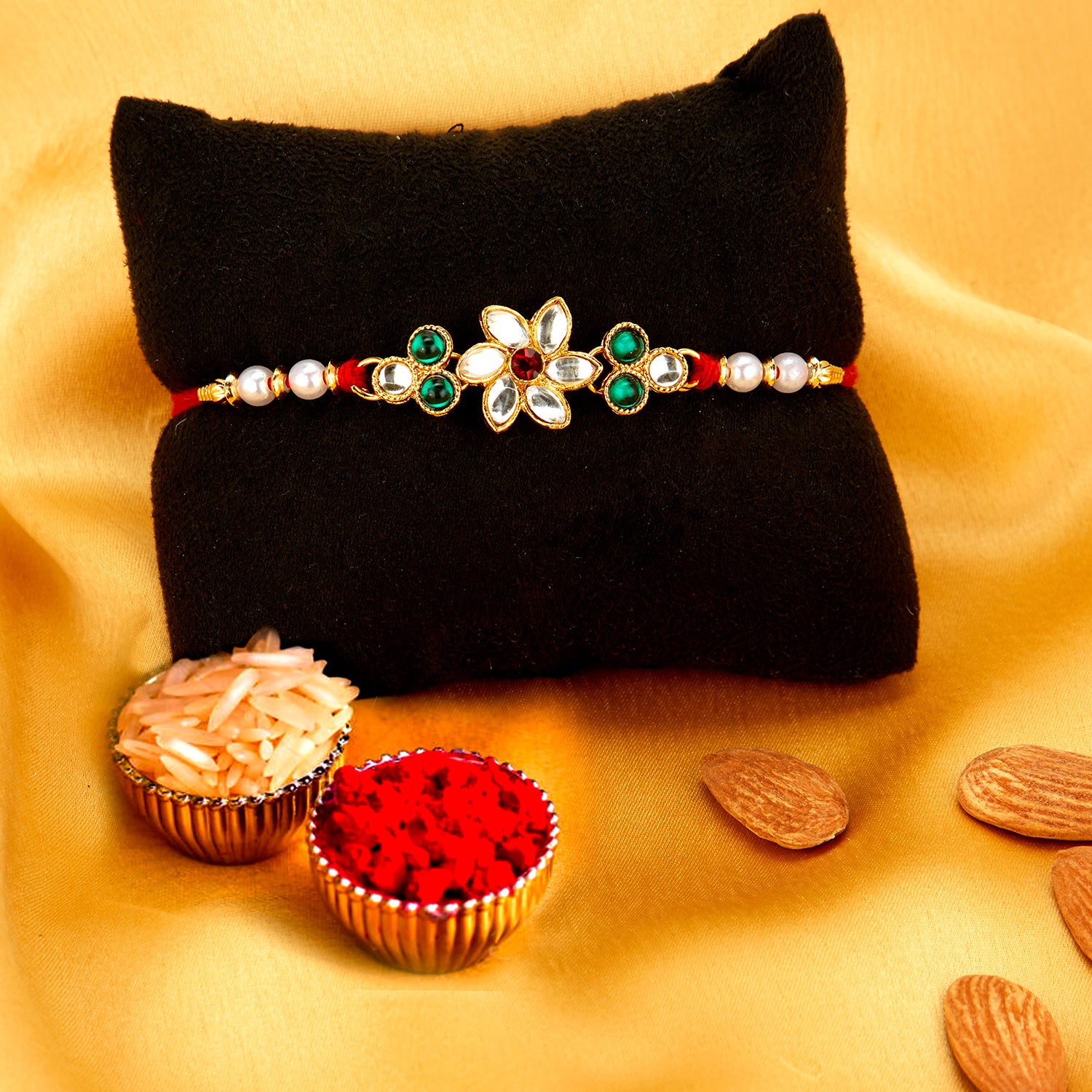 Sukkhi Exclusive Gold Plated Floral Rakhi Combo (Set of 3) with Roli Chawal and Raksha Bandhan Greeting Card For Men