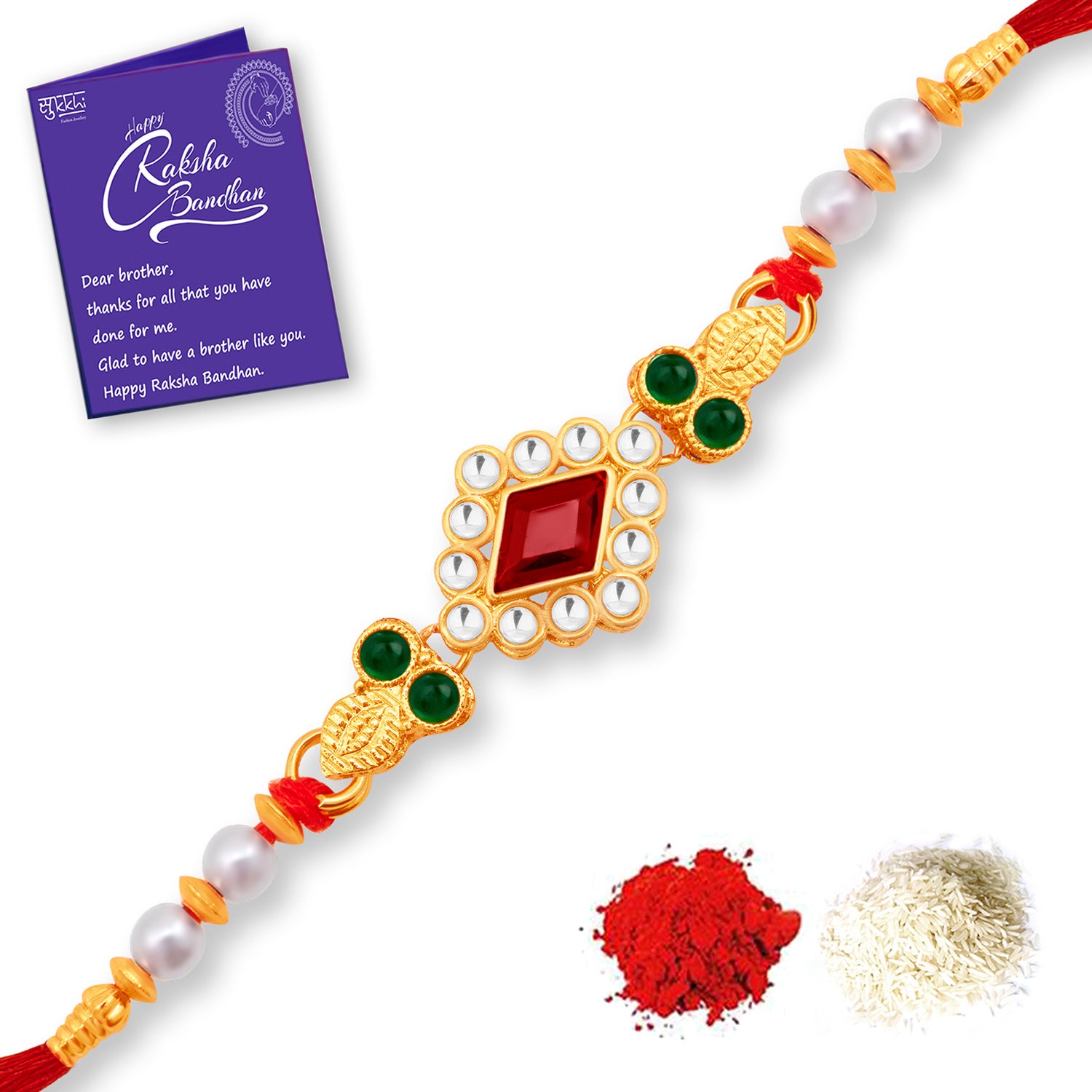 Sukkhi Classy Gold Plated Rakhi Combo (Set of 3) with Roli Chawal and Raksha Bandhan Greeting Card For Men