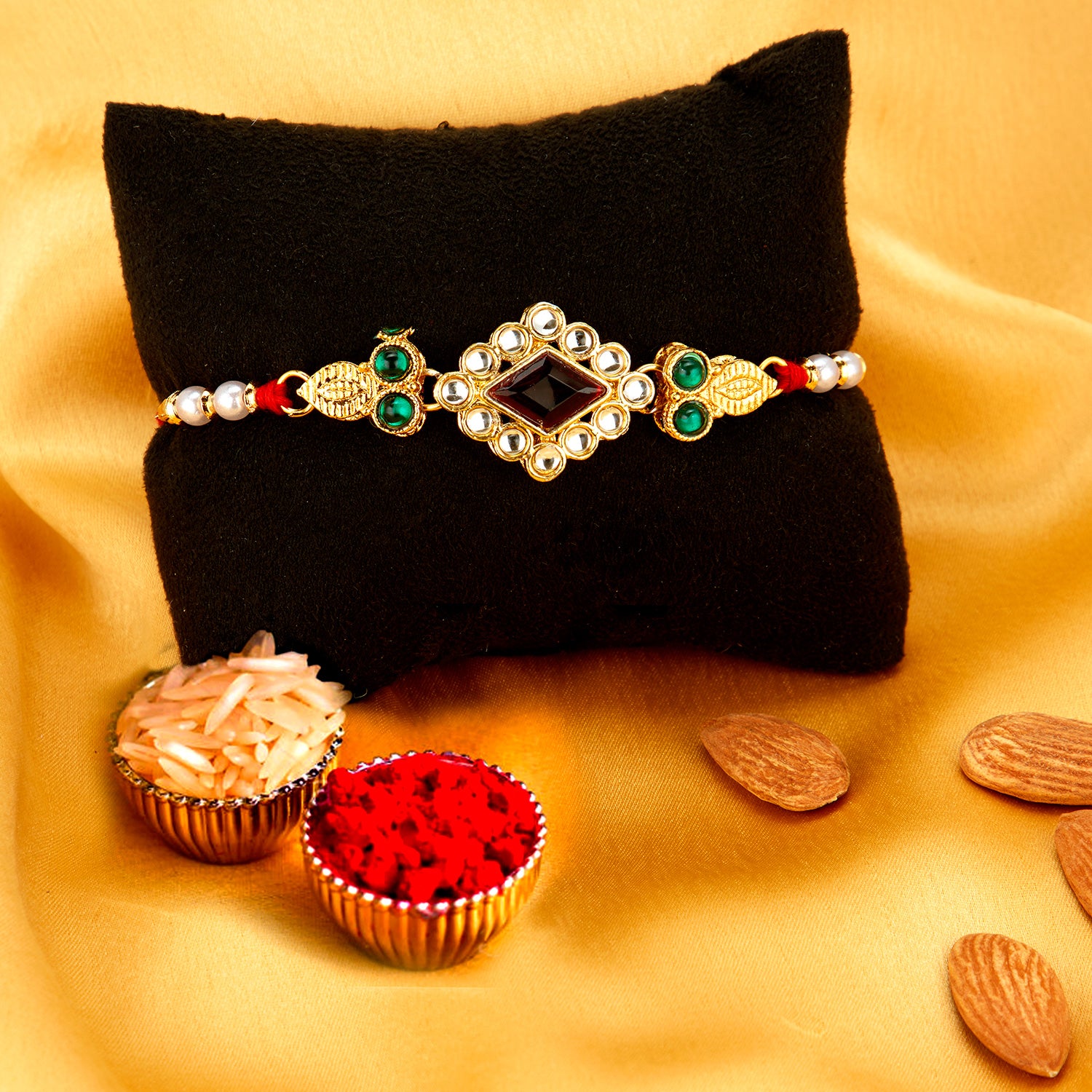 Sukkhi Classy Gold Plated Rakhi Combo (Set of 3) with Roli Chawal and Raksha Bandhan Greeting Card For Men