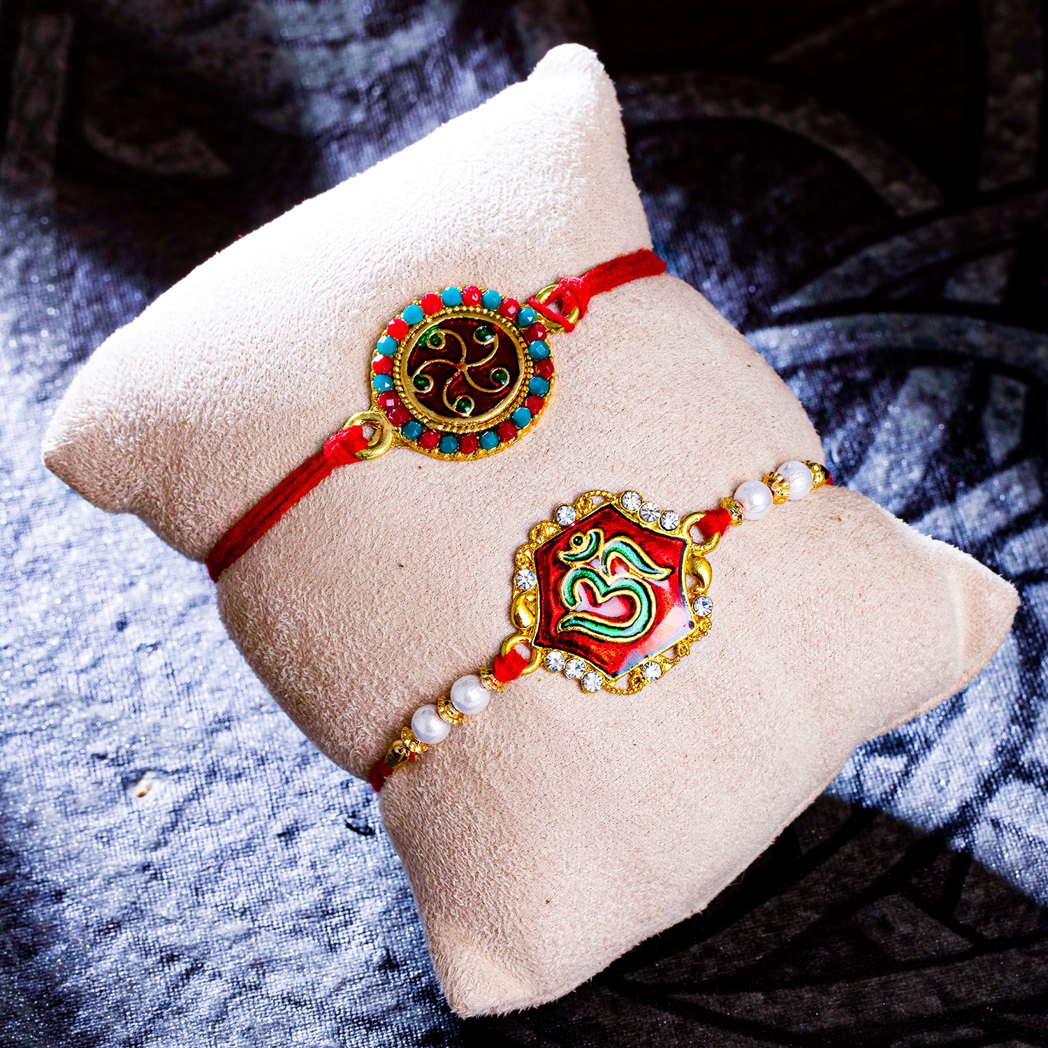 Sukkhi Ethnic Gold Plated OM Meenakari Rakhi Combo (Set of 2) with Roli Chawal and Raksha Bandhan Greeting Card For Men