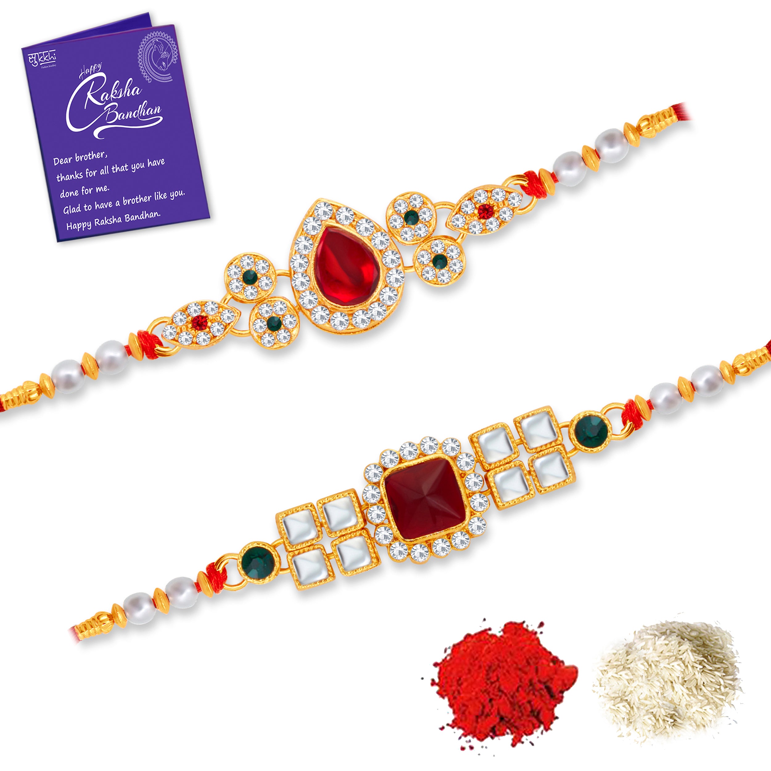 Sukkhi Dazzling Gold Plated Rakhi Combo (Set of 2) with Roli Chawal and Raksha Bandhan Greeting Card For Men
