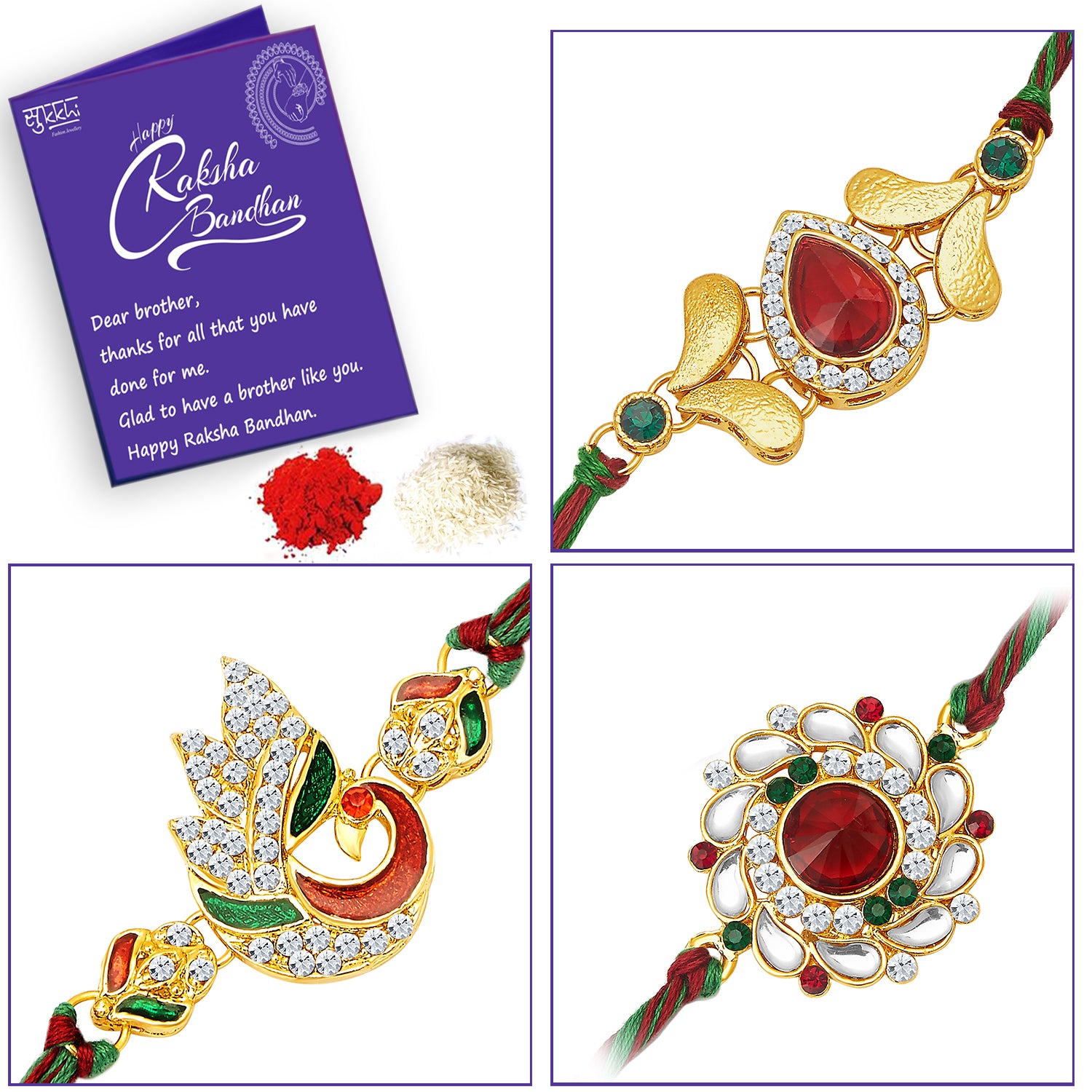 Sukkhi Ethnic Gold Plated Peacock Meenakari Rakhi Combo (Set of 3) with Roli Chawal and Raksha Bandhan Greeting Card For Men