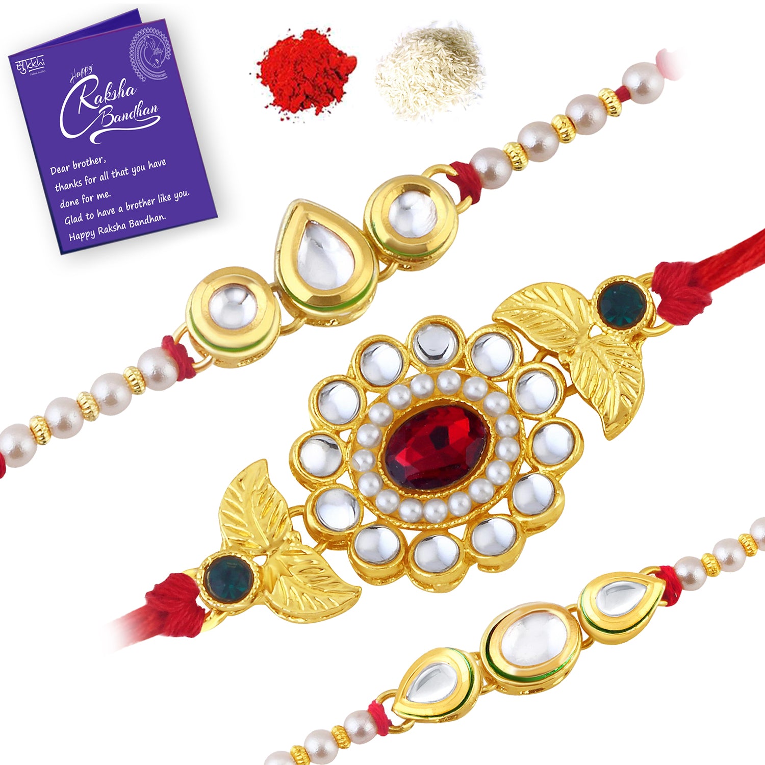 Sukkhi Floral Gold Plated Kundan and Pearl Rakhi Combo (Set of 3) with Roli Chawal and Raksha Bandhan Greeting Card For Men