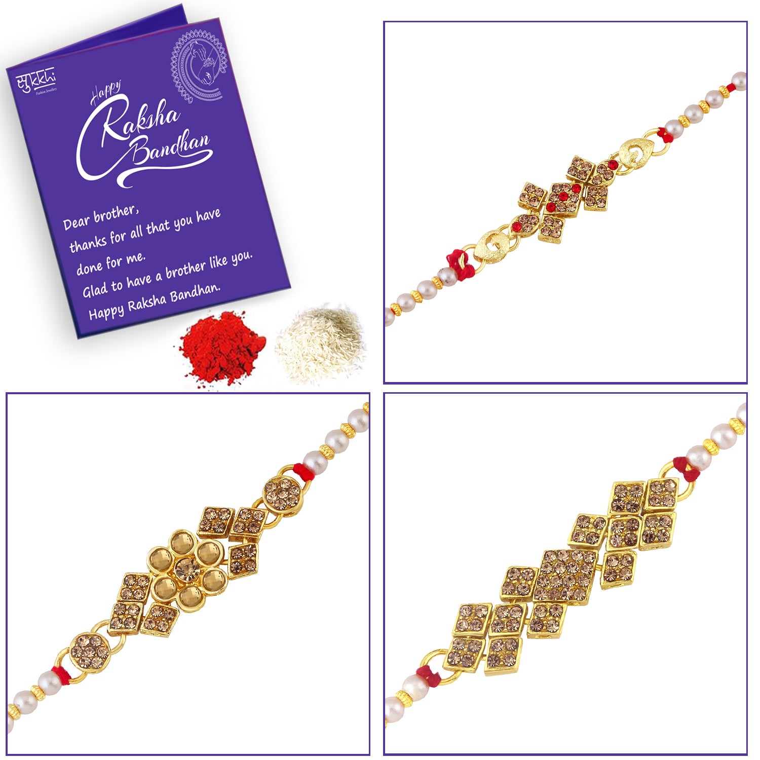 Sukkhi Awesome Gold Plated LCT Stone Rakhi Combo (Set of 3) with Roli Chawal and Raksha Bandhan Greeting Card For Men