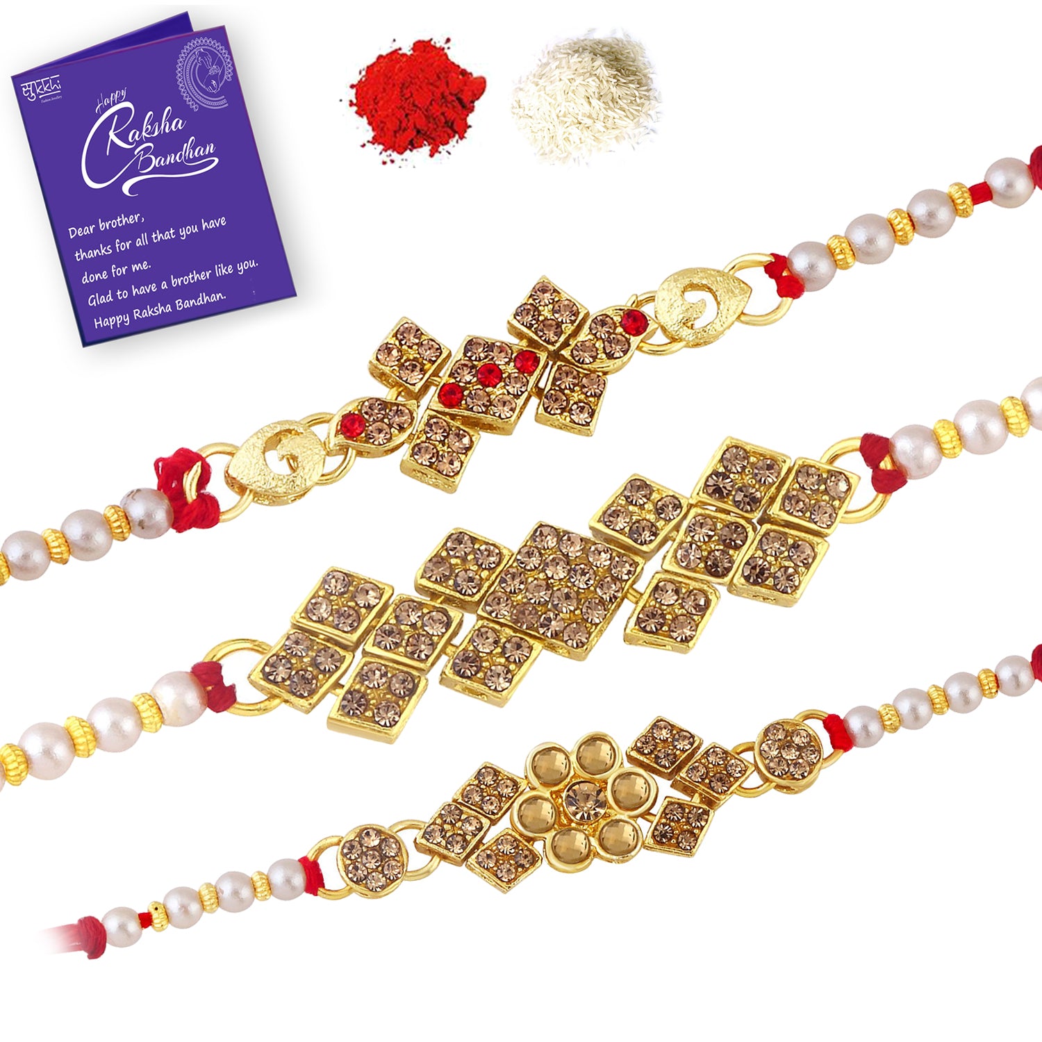Sukkhi Awesome Gold Plated LCT Stone Rakhi Combo (Set of 3) with Roli Chawal and Raksha Bandhan Greeting Card For Men