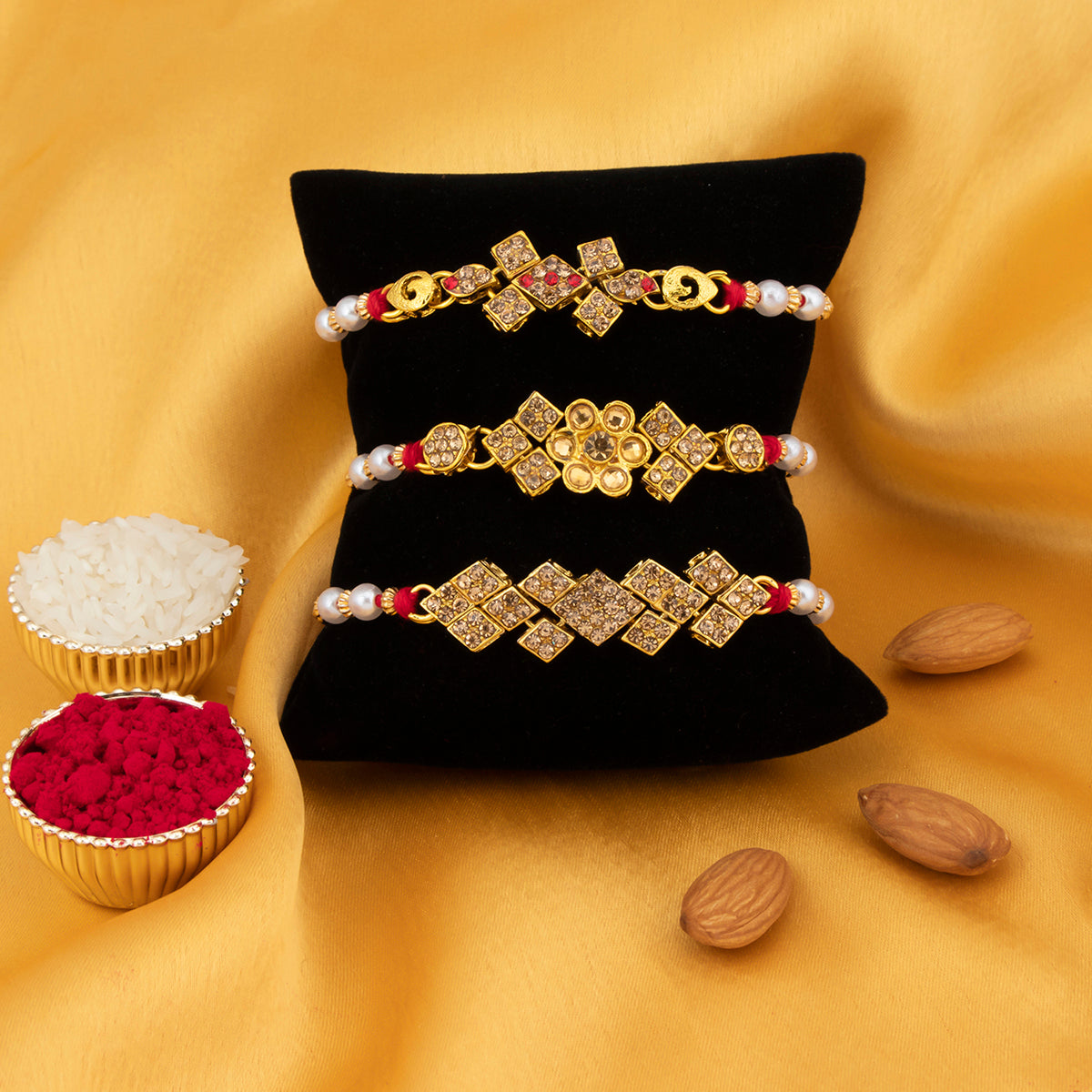 Sukkhi Awesome Gold Plated LCT Stone Rakhi Combo (Set of 3) with Roli Chawal and Raksha Bandhan Greeting Card For Men