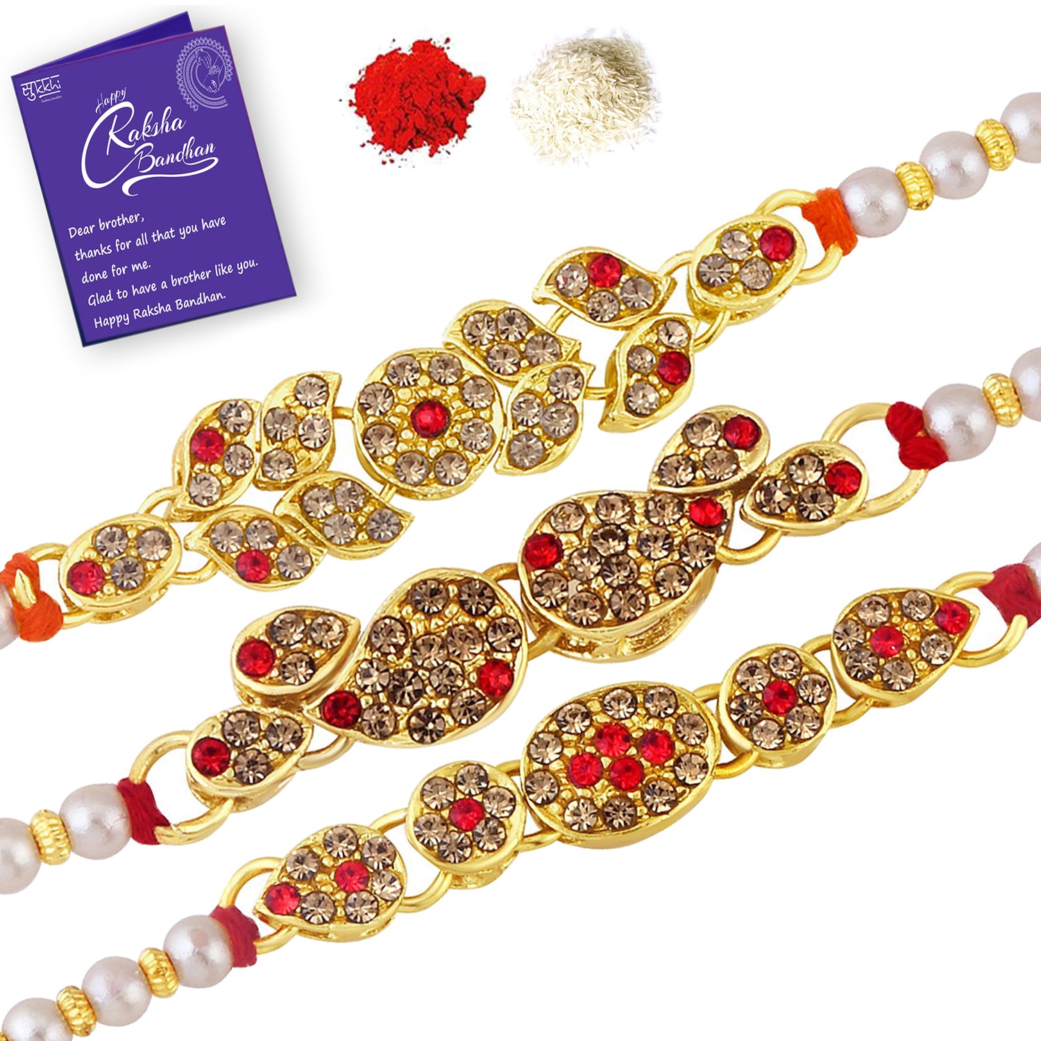 Sukkhi Spectacular Gold Plated LCT Stone Rakhi Combo (Set of 3) with Roli Chawal and Raksha Bandhan Greeting Card For Men