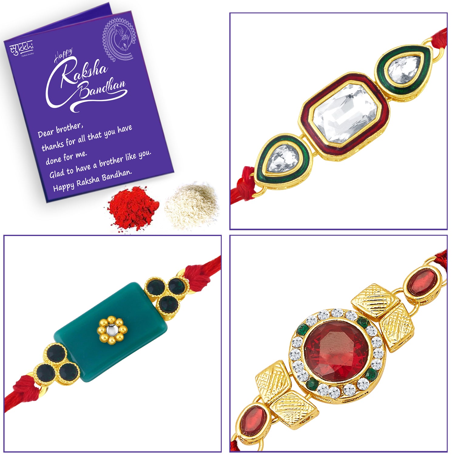Sukkhi Glorious Gold Plated Austrian Diamond Rakhi Combo (Set of 3) with Roli Chawal and Raksha Bandhan Greeting Card For Men