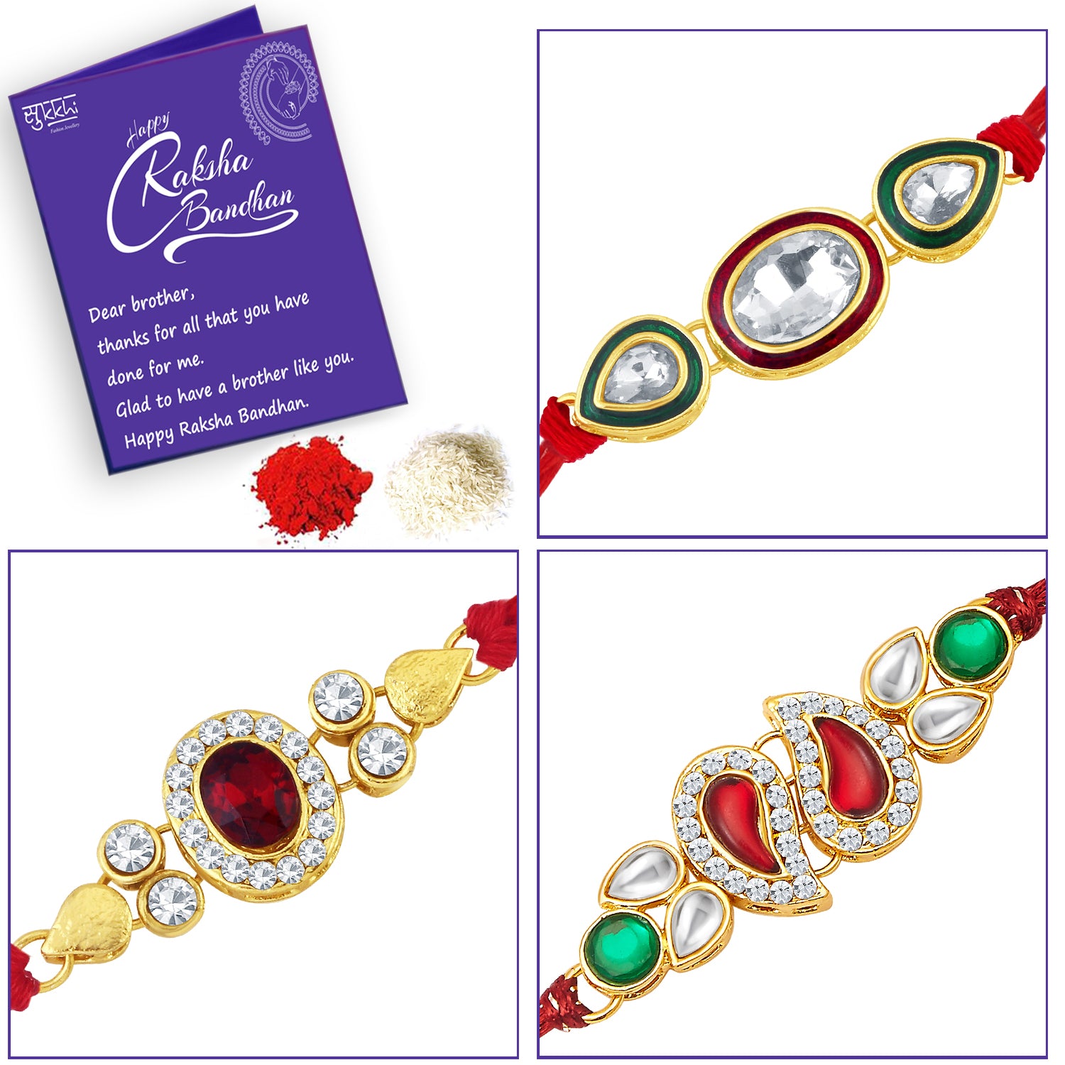 Sukkhi Elegant Gold Plated Austrian Diamond Rakhi Combo (Set of 3) with Roli Chawal and Raksha Bandhan Greeting Card For Men