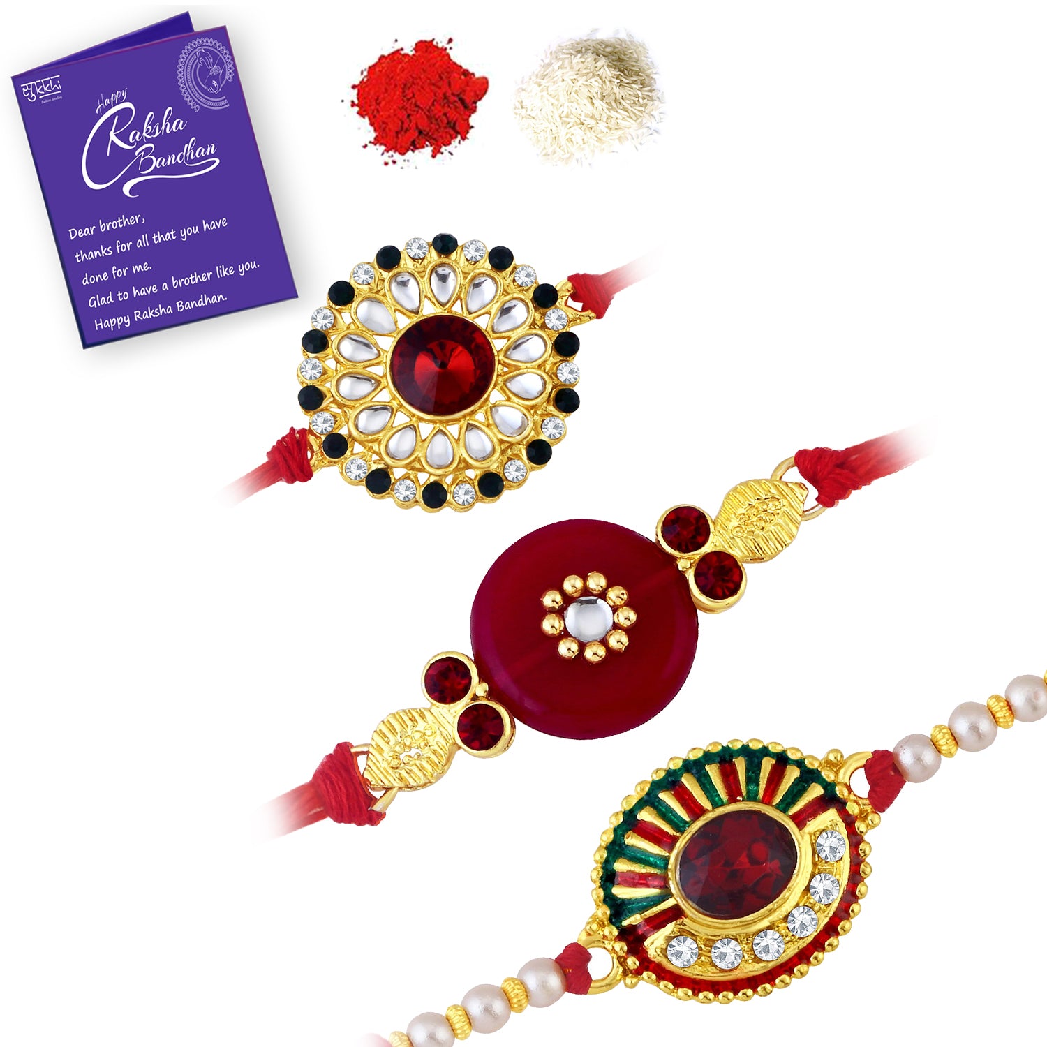 Sukkhi Traditional Gold Plated Kundan Meenakari Rakhi Combo (Set of 3) with Roli Chawal and Raksha Bandhan Greeting Card For Men