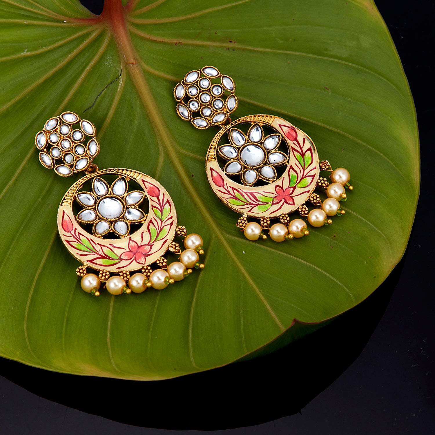 Sukkhi Eye Catchy Pearl Gold Plated Kundan Meenakari Chandbali Earring for Women