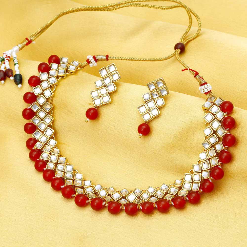 Sukkhi Kundan Modish Gold Plated Red Choker Necklace Set for Women