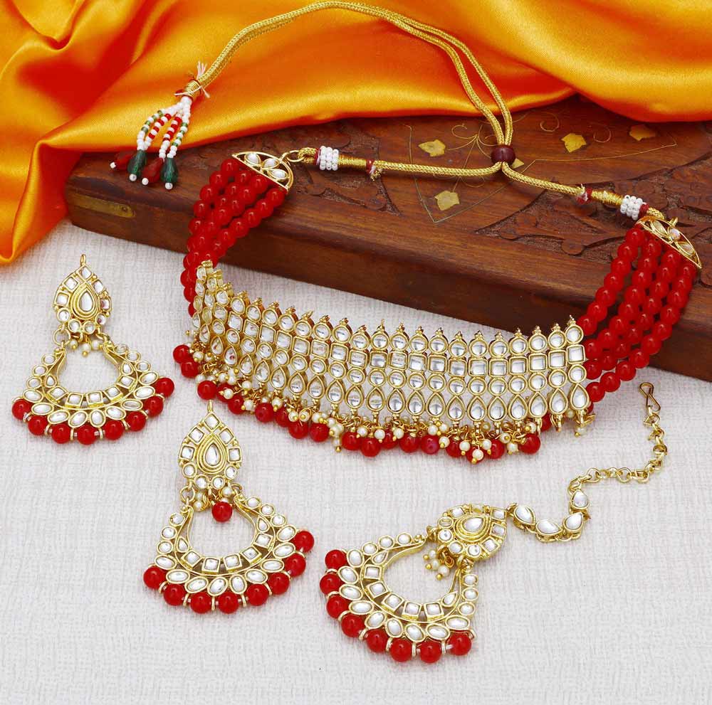 Sukkhi Kundan Modish Gold Plated Red Choker Necklace Set for women