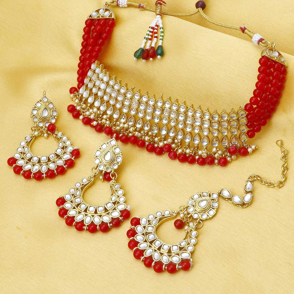 Sukkhi Kundan Modish Gold Plated Red Choker Necklace Set for women