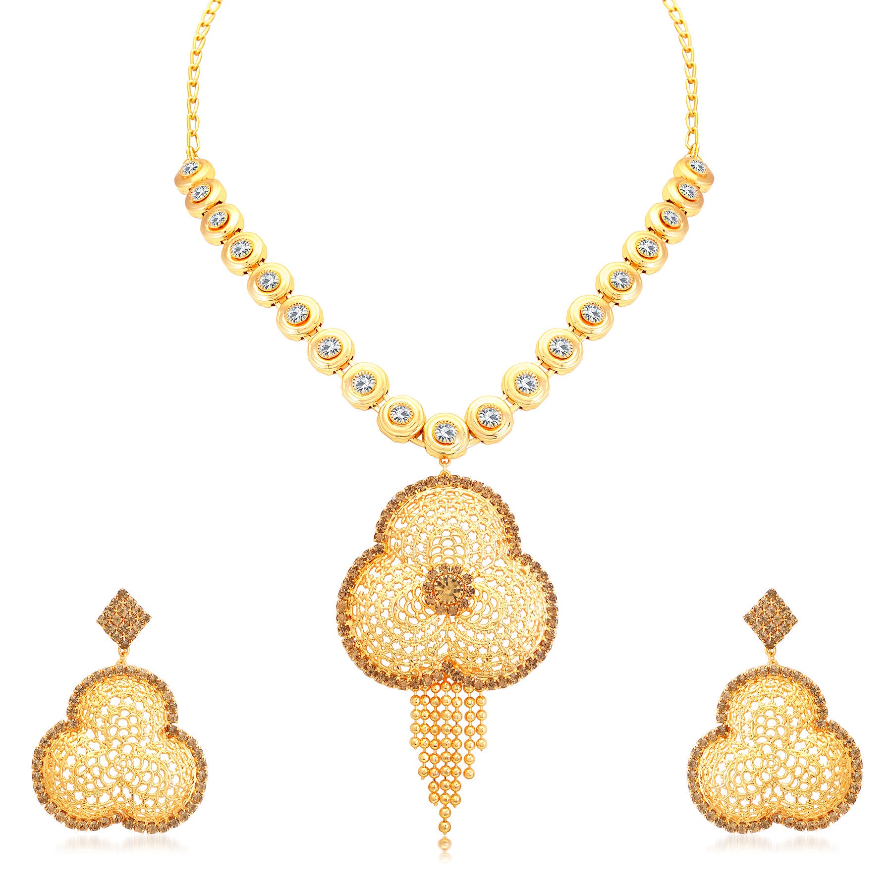 Sukkhi Glimmery Gold Plated AD With LCT Stone Collar Necklace Set For Women