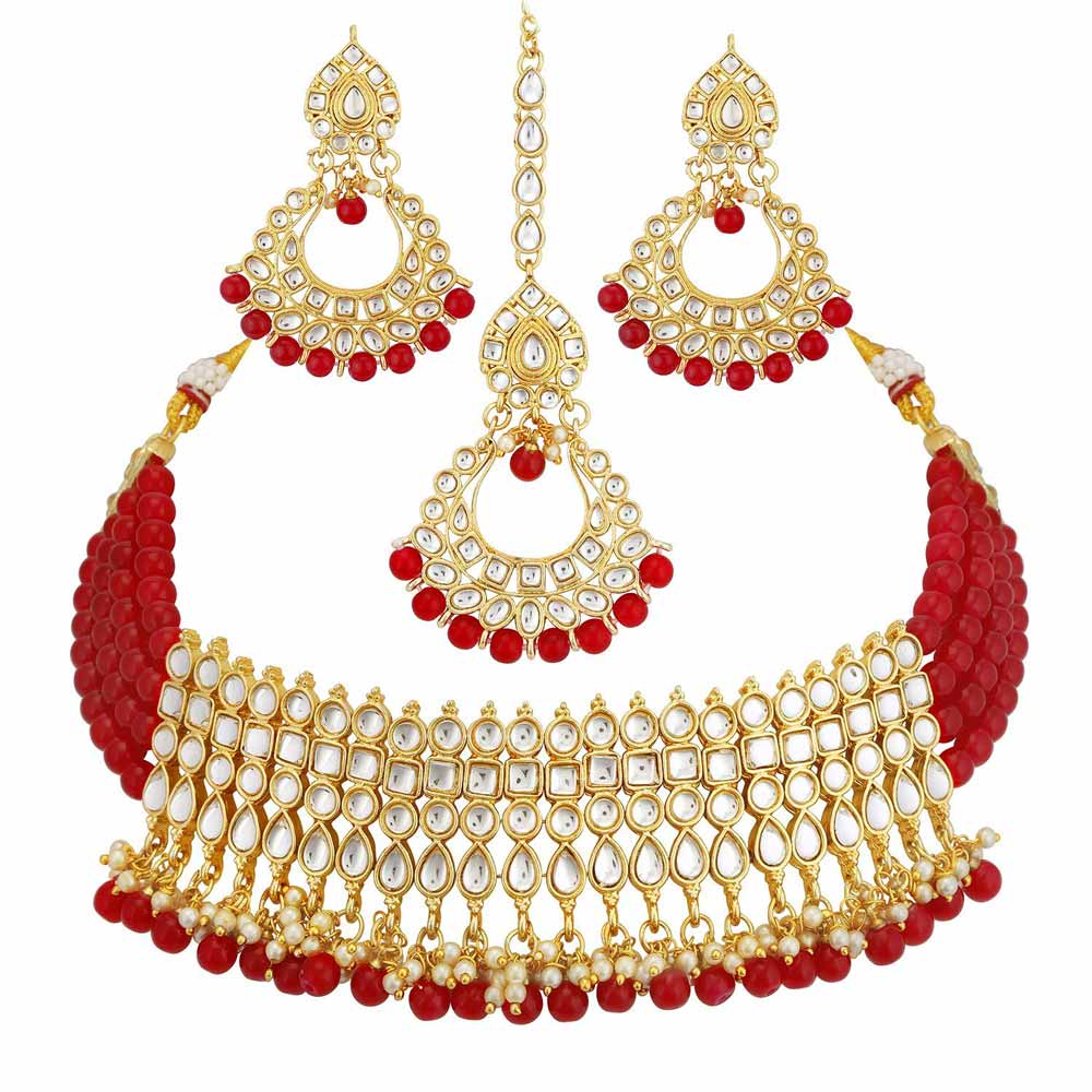 Sukkhi Kundan Modish Gold Plated Red Choker Necklace Set for women