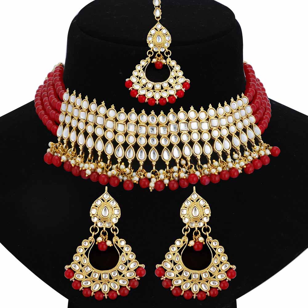 Sukkhi Kundan Modish Gold Plated Red Choker Necklace Set for women