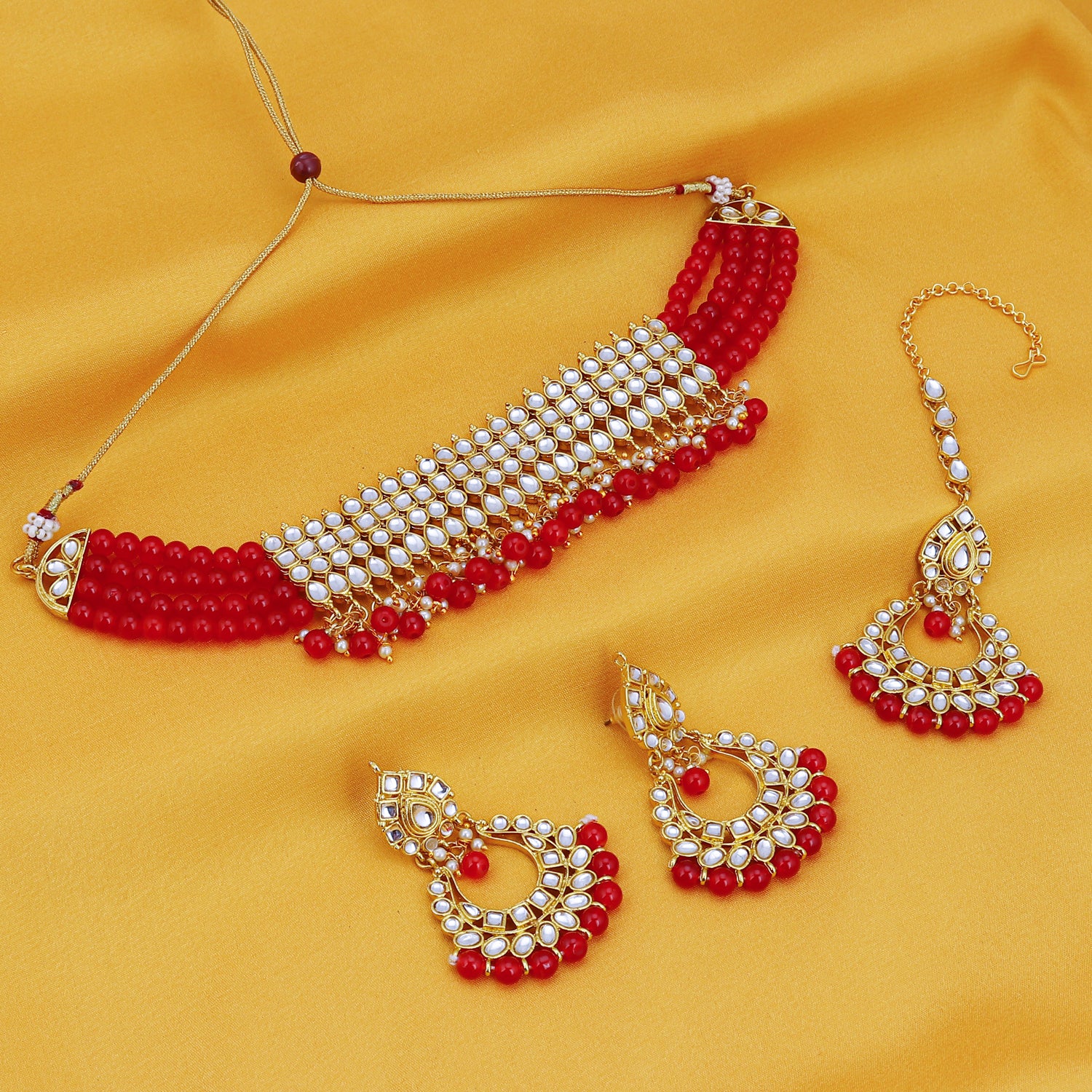 Sukkhi Kundan Modish Gold Plated Red Choker Necklace Set for women