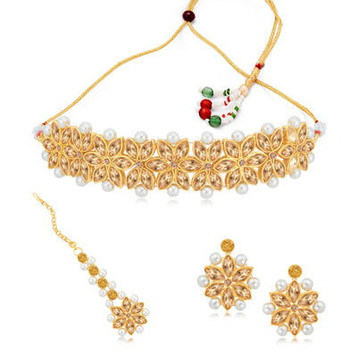 Sukkhi Stylish Gold Plated LCT & Pearl Choker Necklace Set for Women