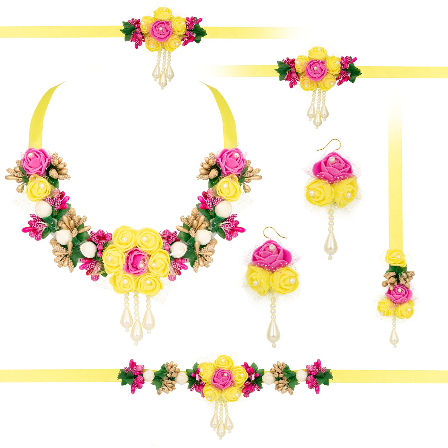 Sukkhi Lovely Pink & Yellow Choker Flower Necklace Set for Haldi & Baby Shower Ceremony
