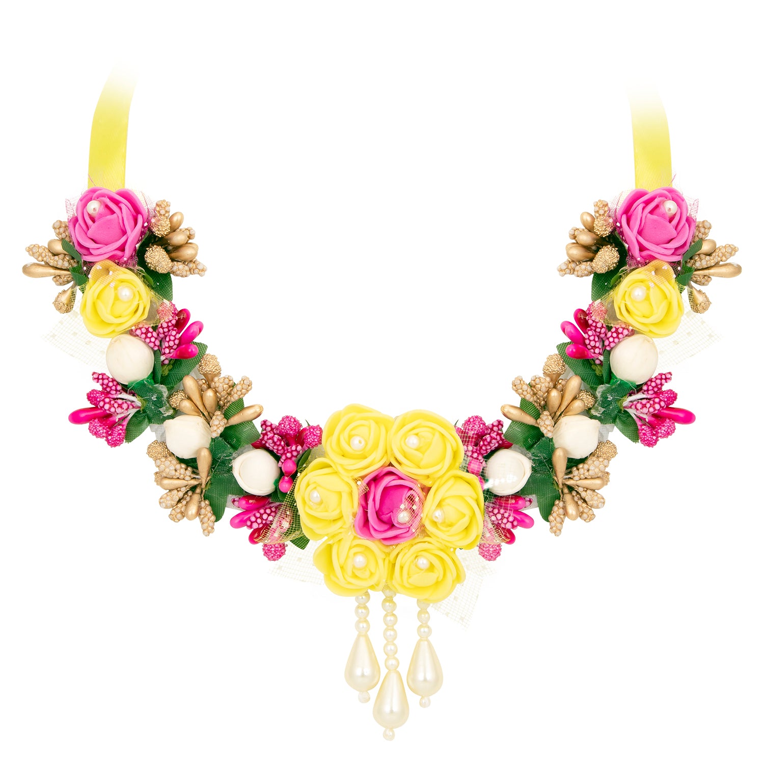 Sukkhi Lovely Pink & Yellow Choker Flower Necklace Set for Haldi & Baby Shower Ceremony