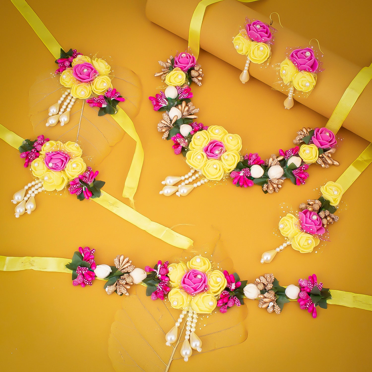 Sukkhi Lovely Pink & Yellow Choker Flower Necklace Set for Haldi & Baby Shower Ceremony
