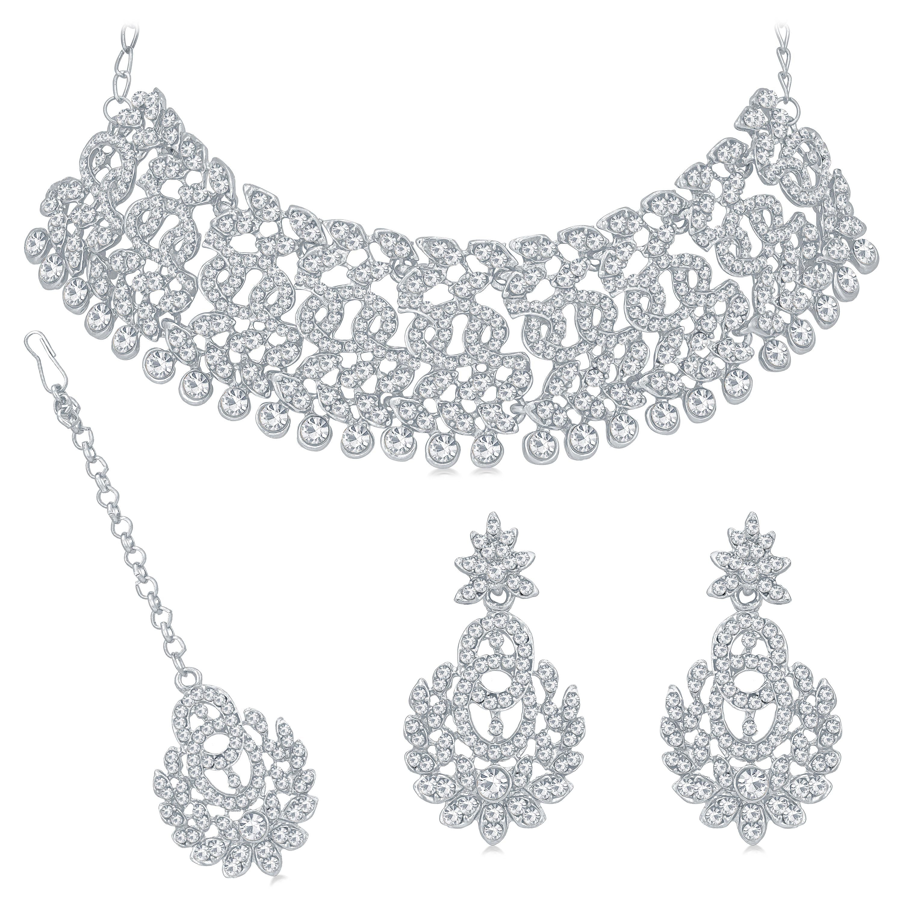 Sukkhi Padmavti Traditional Rhodium Plated Austrian Diamond Choker Necklace Set for Women