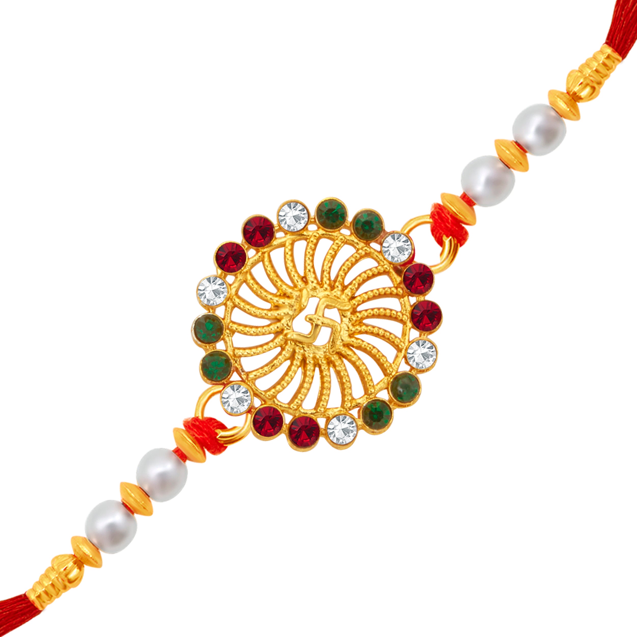 Sukkhi Elegant Gold Plated Swastik Rakhi with Roli Chawal and Raksha Bandhan Greeting Card For Men